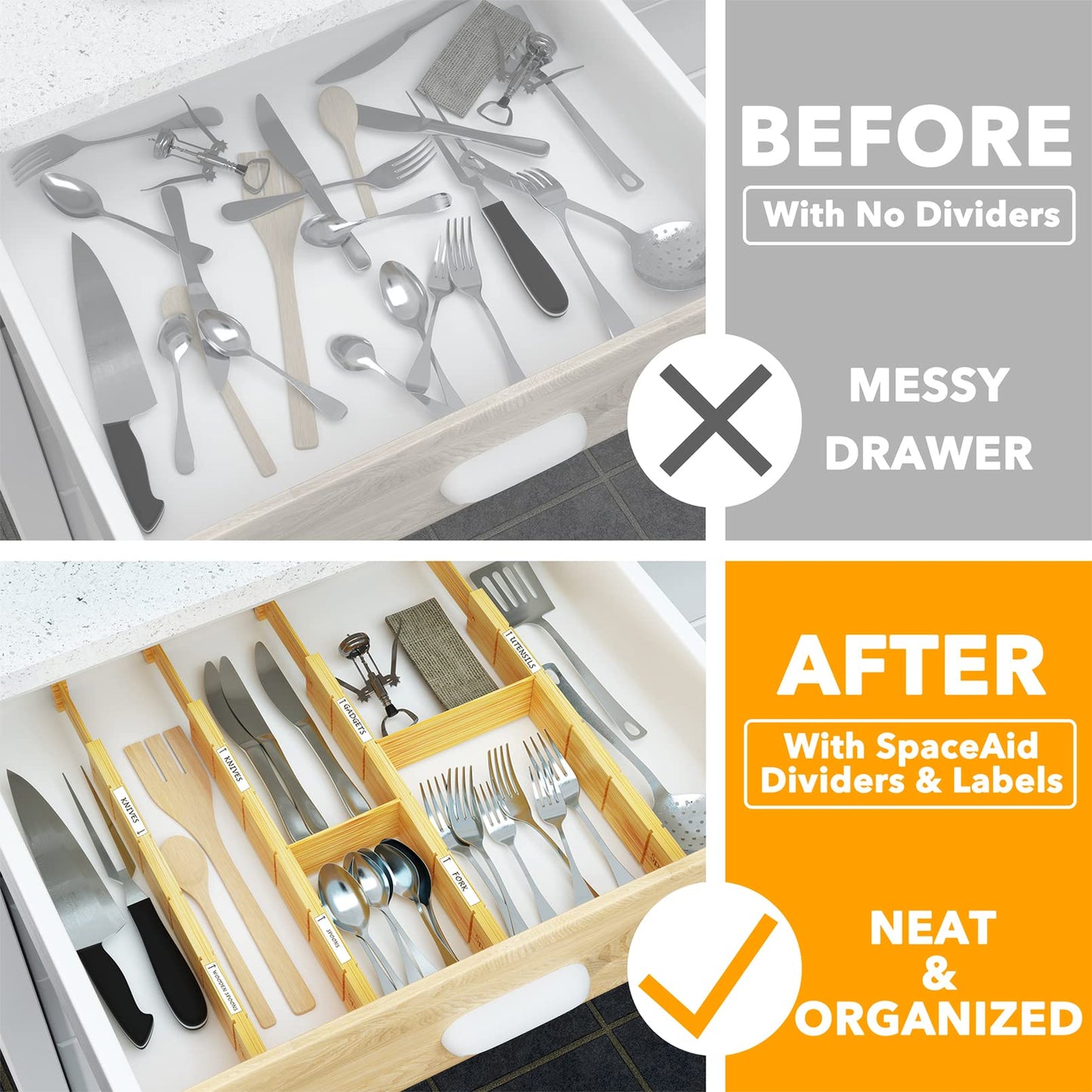 SpaceAid Bamboo Drawer Dividers with Inserts and Labels, Kitchen Cabinet Adjustable Drawer Organizers, Expandable Organization for Home, Office, Dressers, 4 Dividers with 9 Inserts (17-22 in)