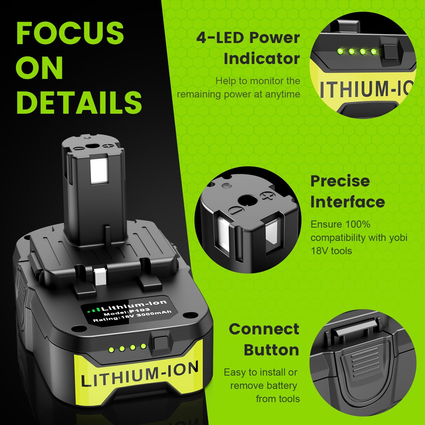 TREE.NB 2Pack 18V 3A Replacement for Ryobi 18V Battery Compatible with Ryobi 18Volt ONE+ Battery P104 P105 P102 P103 P107 P108 P109 P122 Replacement for Ryobi 18V Lithium Batteries