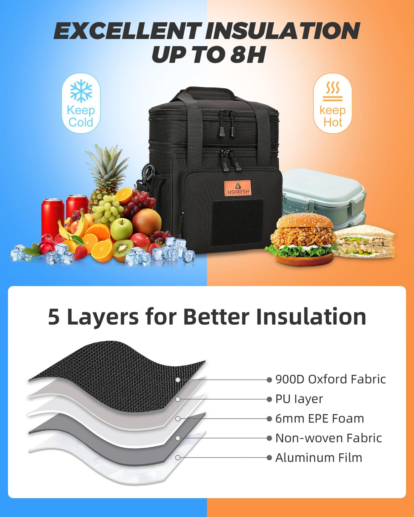 Double Deck Large Tactical Lunch Bag for Adults, Leakproof Insulated Lunch Bag with Shoulder Strap, Lunch Cooler Box for Men Work Outdoor Picnic Trips,Black