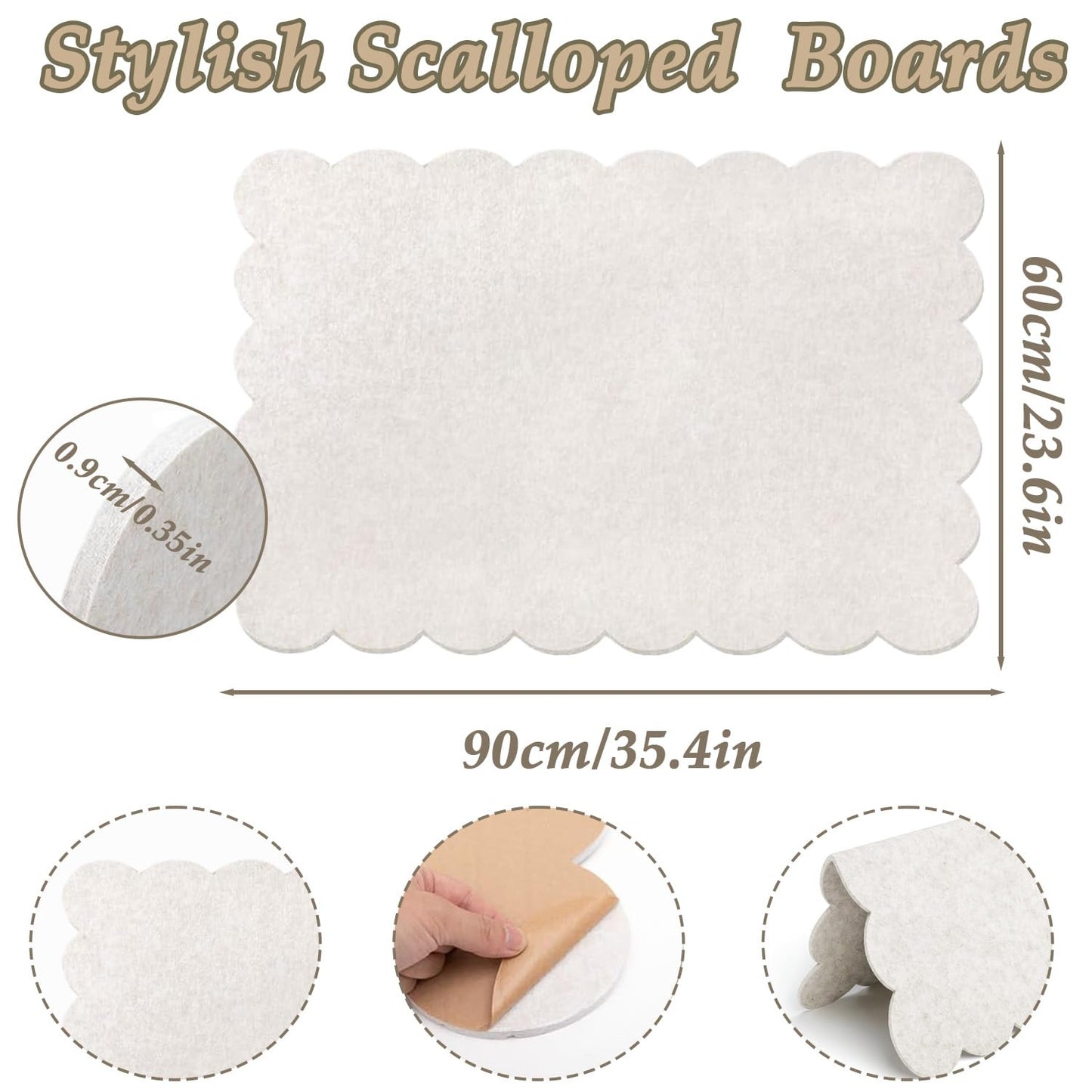 Acidea Scalloped Felt Bulletin Board, 90 x60 x0.9cm Beige Self-Adhesive Decorative Felt Pin Board Cute, Large Felt Board Foldable for Wall, Picture Vision Board Pin Boards for Walls, Office, Home