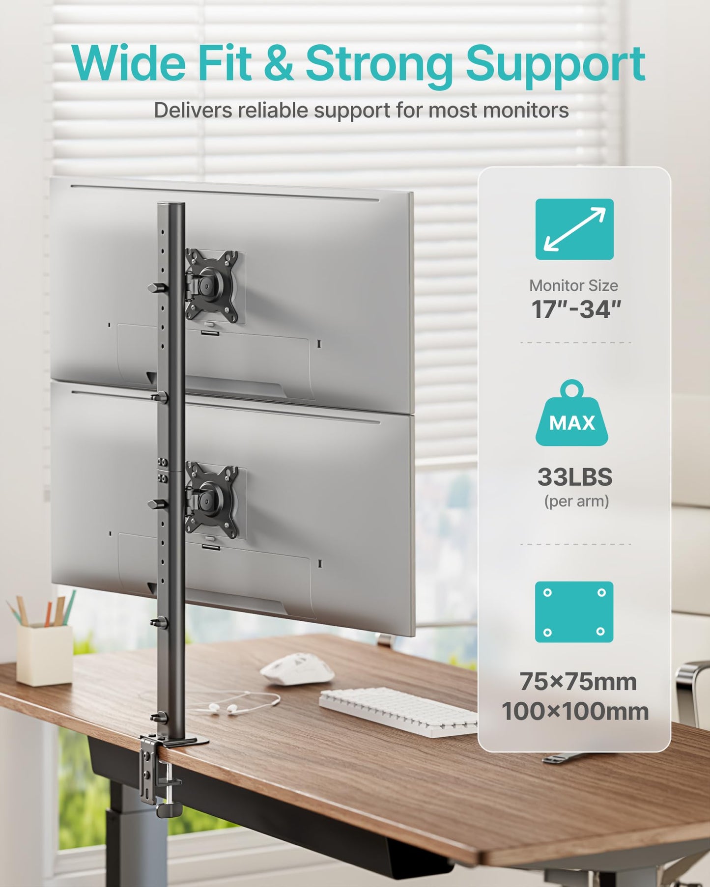Vertical Dual Monitor Mount for 17–34 Inch Screens, Stacked Monitor Stand, Holds up to 33 lbs per Arm, 33.1" Extra Tall Pole, Full Motion Height Adjustable Mount, 75/100 VESA, Clamp & Grommet