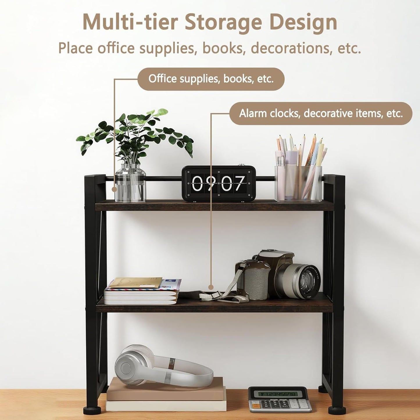 VSIWB Desktop Organizer Shelf, 2 Tiers Desk Organizers and Storage, Countertop Organizer Desktop Bookshelf, Metal and Wooden Desk Storage Shelf, Desk Shelf for Home Office Coffee Bar Bedroom Kitchen