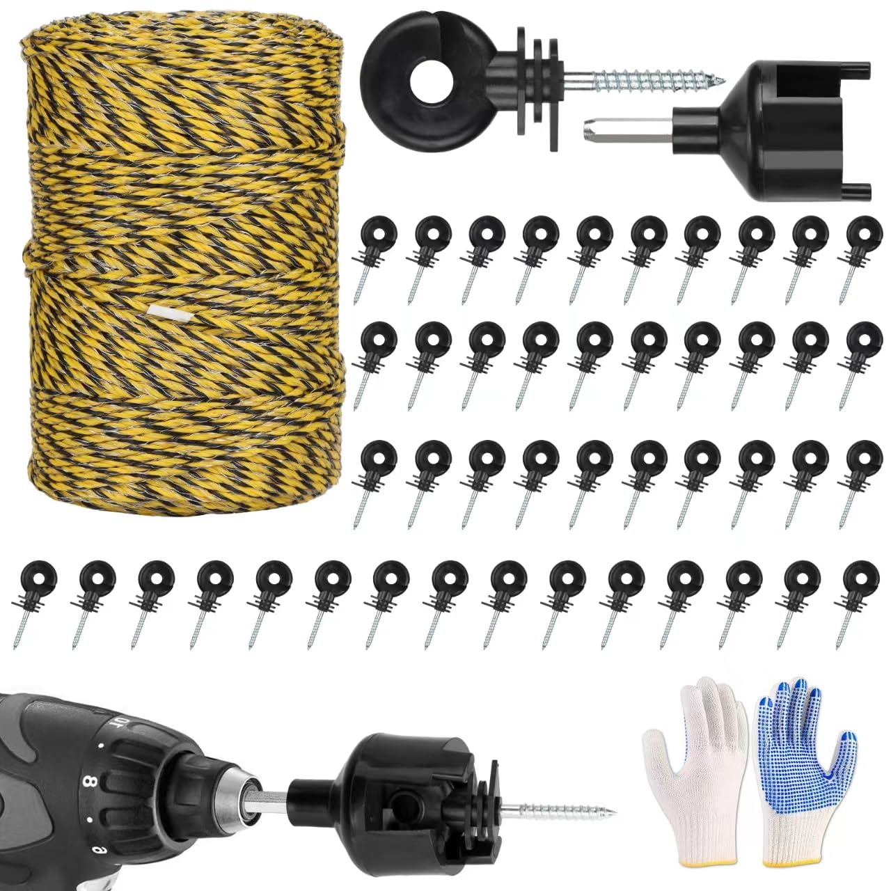 Electric Fence Wire Kit - Upgraded 660 Feet 9 Strands Electric Fence Polywire with Reliable Conductivity & Rust Resistance - 50 Pcs Electric Fence Insulator with 1 Pcs Socket Tool & Glove