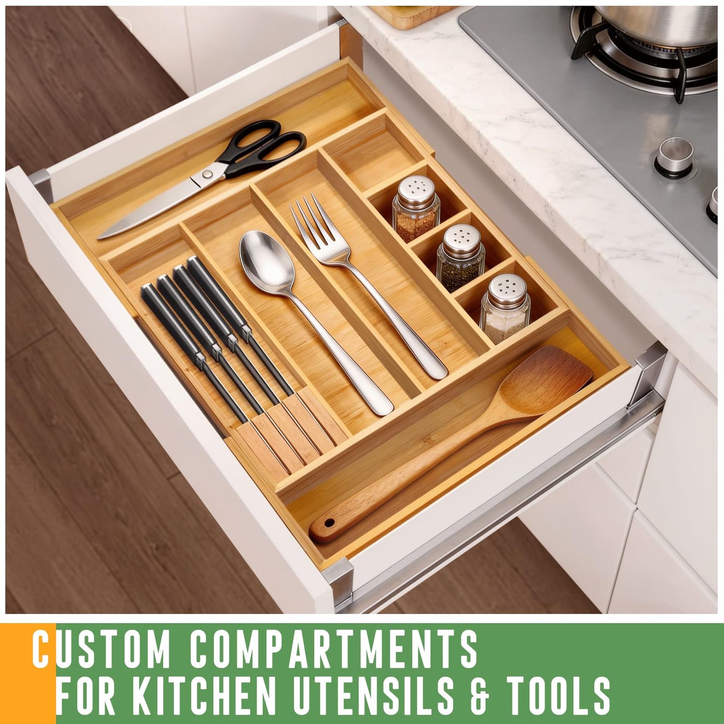 KWASVLYA Bamboo Expandable Drawer Organizer with Removable Dividers, 15"-22" Adjustable Tray for Kitchen Utensils, Makeup & Office Storage