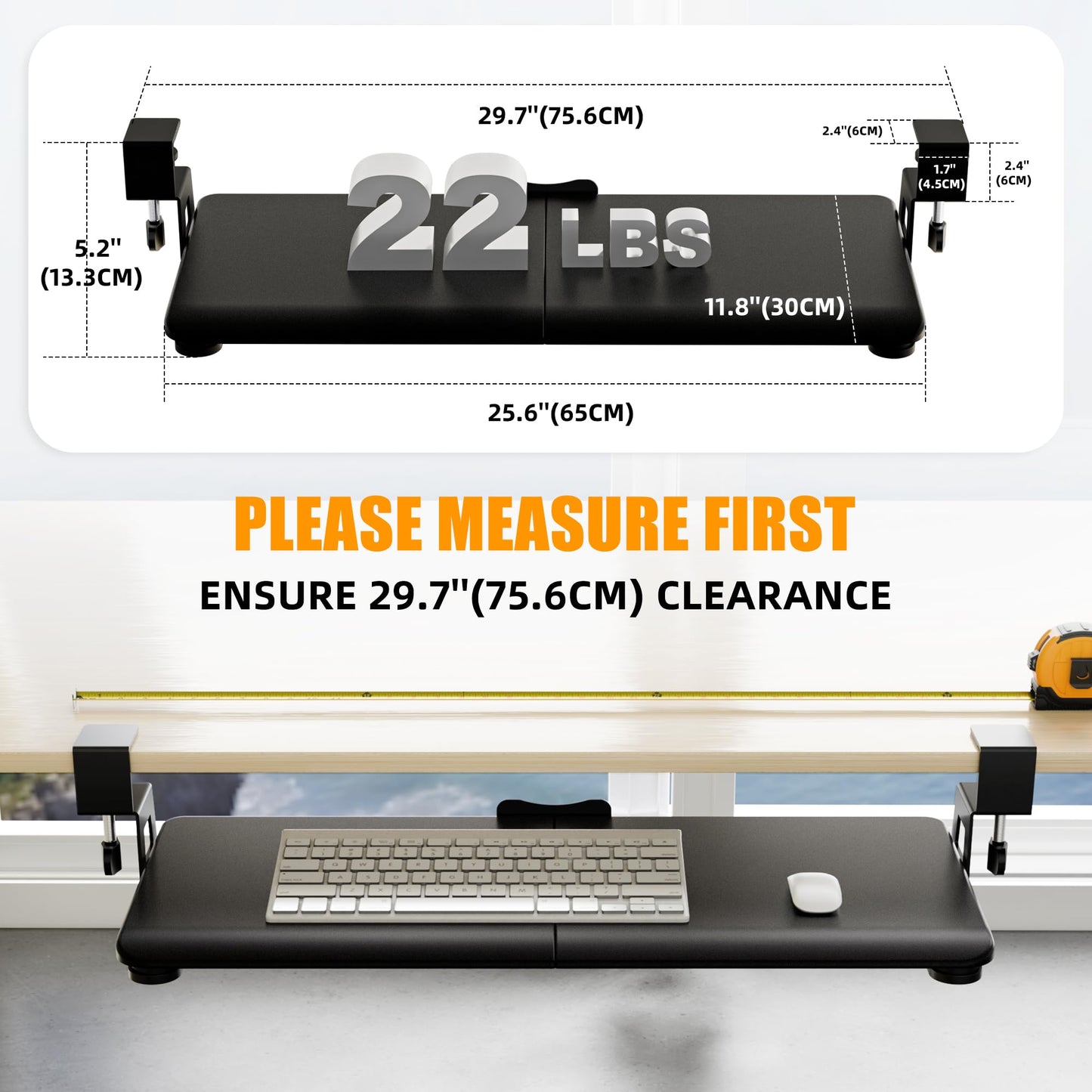 ERGOMAKER Keyboard Tray Under Desk 25.6"×11.8" (65×30cm), Ergonomic Sliding Keyboard & Mouse Tray Adjustable Slide Out Easy Assembly, Suitable for Office/Home/School (Black)