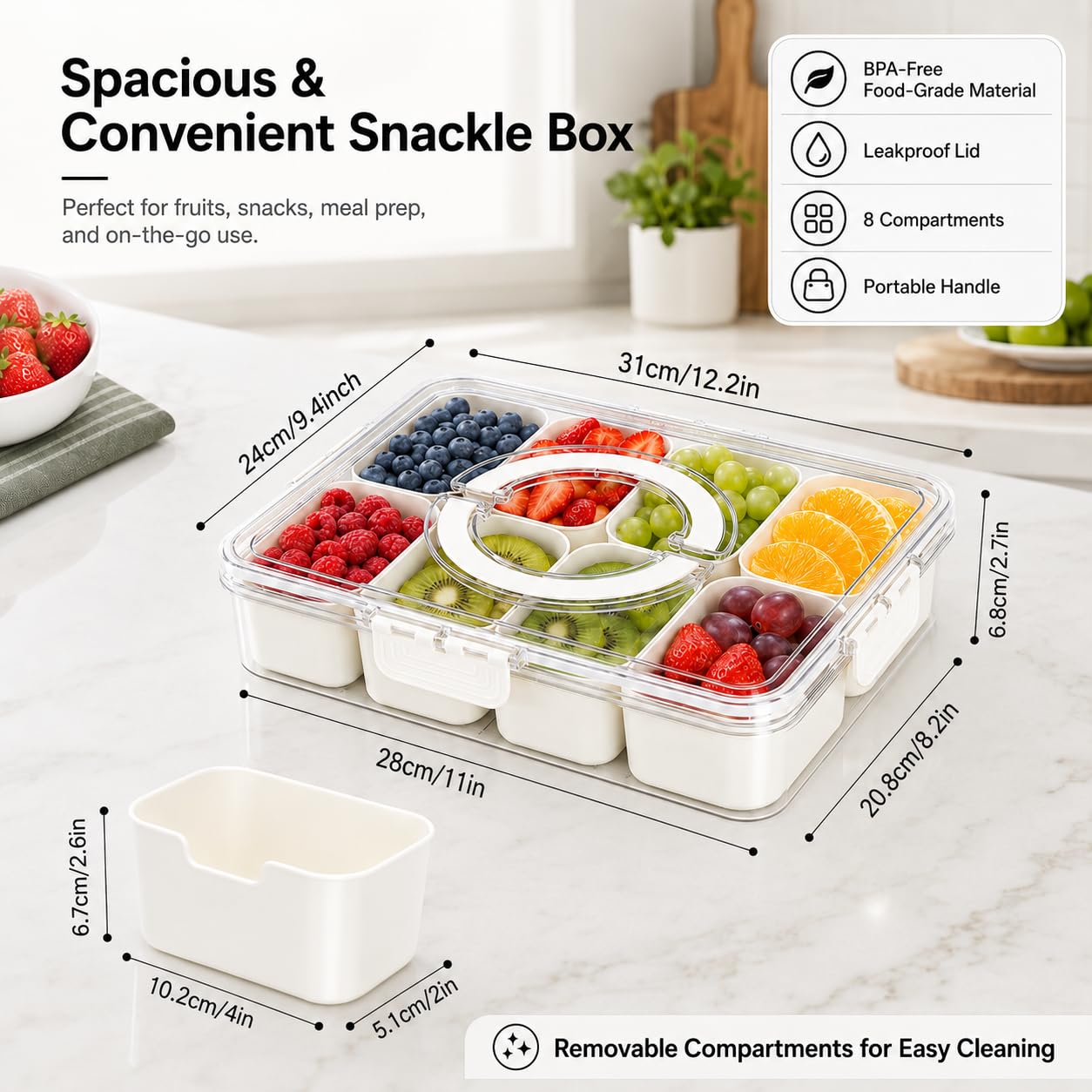 2 Pack Snackle Box with 8 Removable Compartments and Foldable Round Handle, Refrigerator-Safe Snack Organizer for Kids Sports, Fruit, Candy, Picnics, Road Trips, Baseball Games, Parties