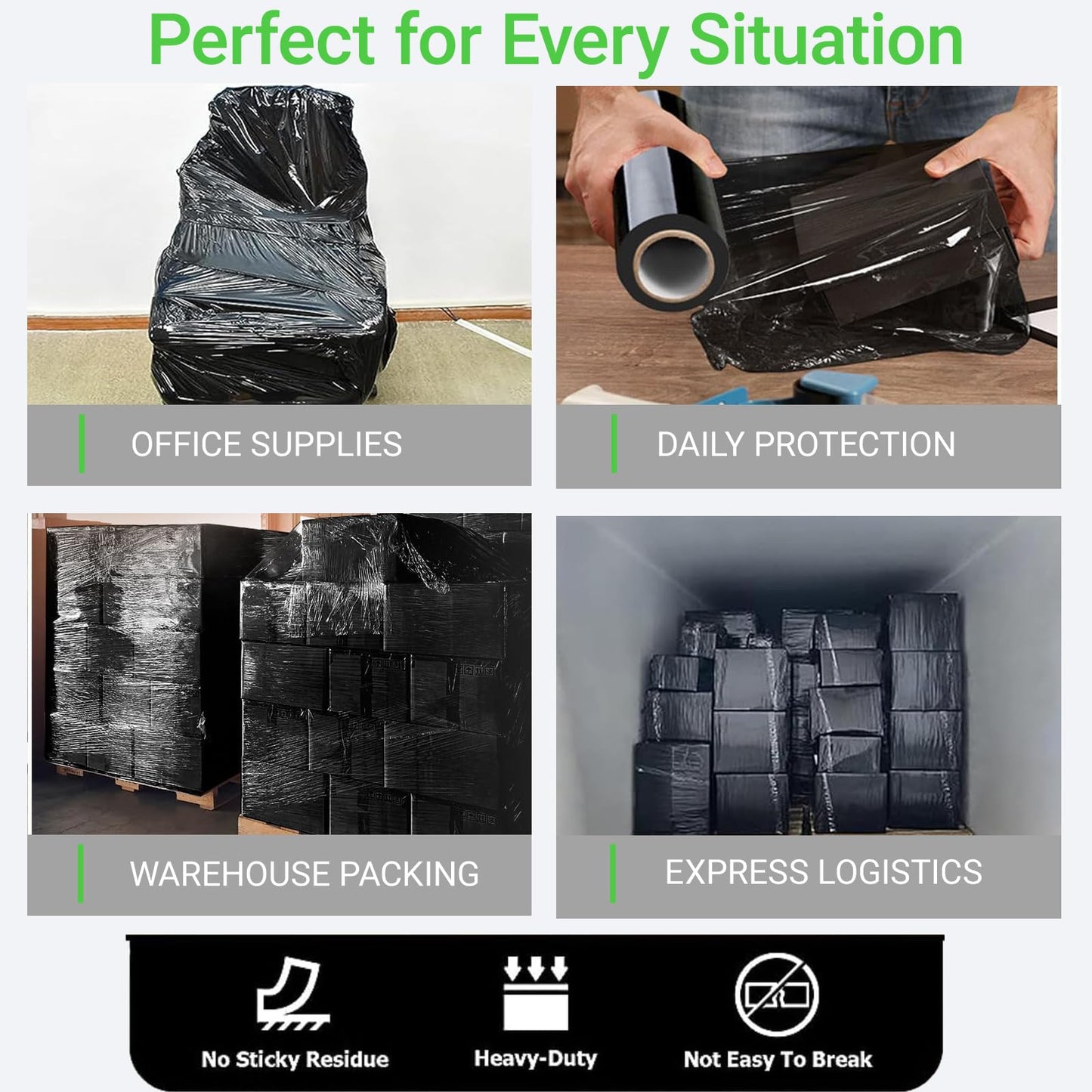 4 Rolls Black Stretch Wrap 15"x1000 Feet Stretch Film Shrink Wrap Packing Moving Suppliers for Shipping Moving Suppliers Packing Pallet Wrapping Surface Protection 60 Gauge