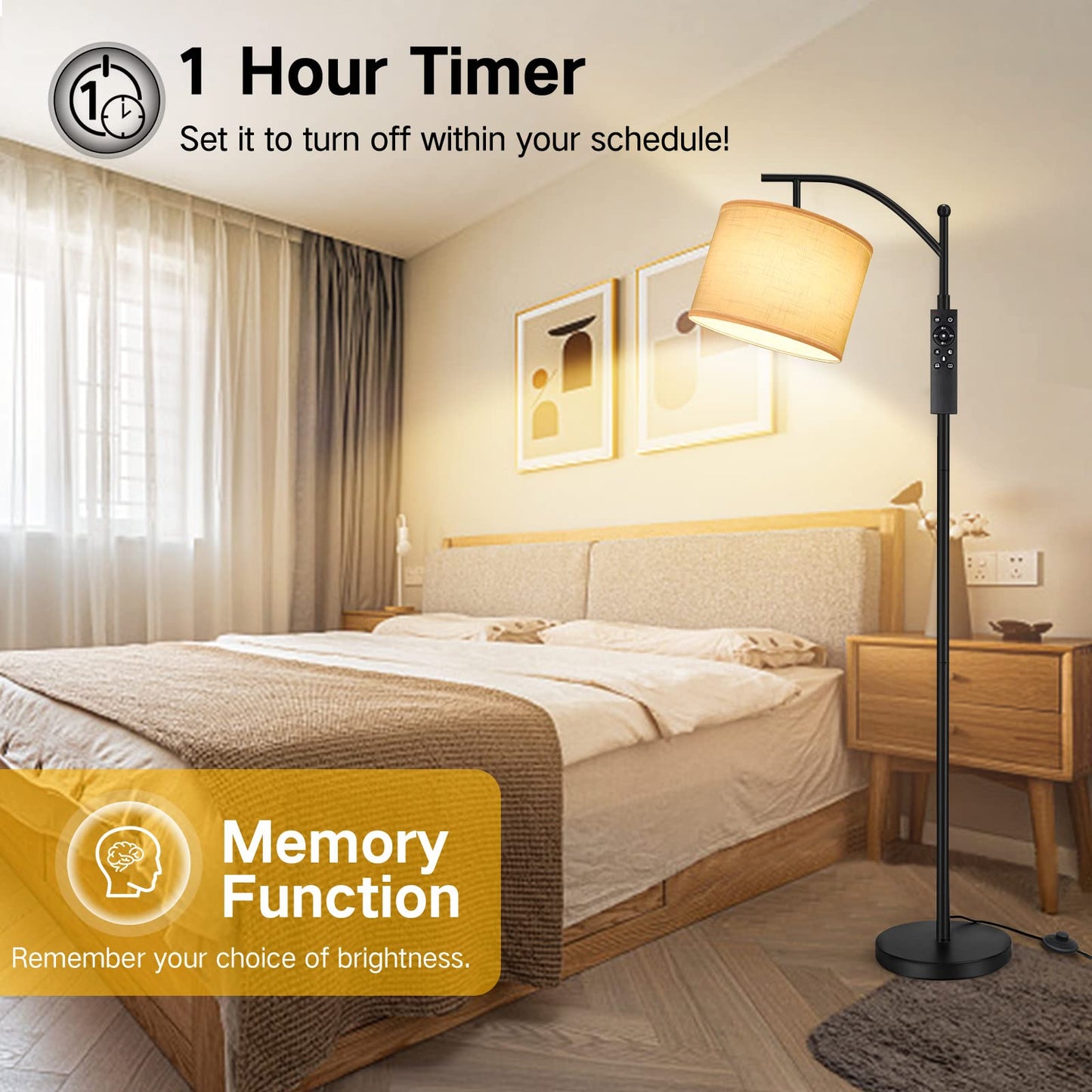 OUTON Arc Floor Lamp with Remote Control, Dimmable & 4 Color Temperatures Adjustable Modern Lamp, 810 Lumens Bulb Included, 1 Hour Timer, Reading Standing Lamp for Living Room, Bedroom, White Shade