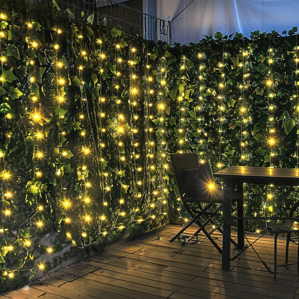 Artificial Ivy Privacy Fence with Lights 118x39.4in Grass Wall Screen Fake Vines Balcony Fence Privacy Screen Cover, Faux Ivy Leaf Hedge Panels Wall Decoration