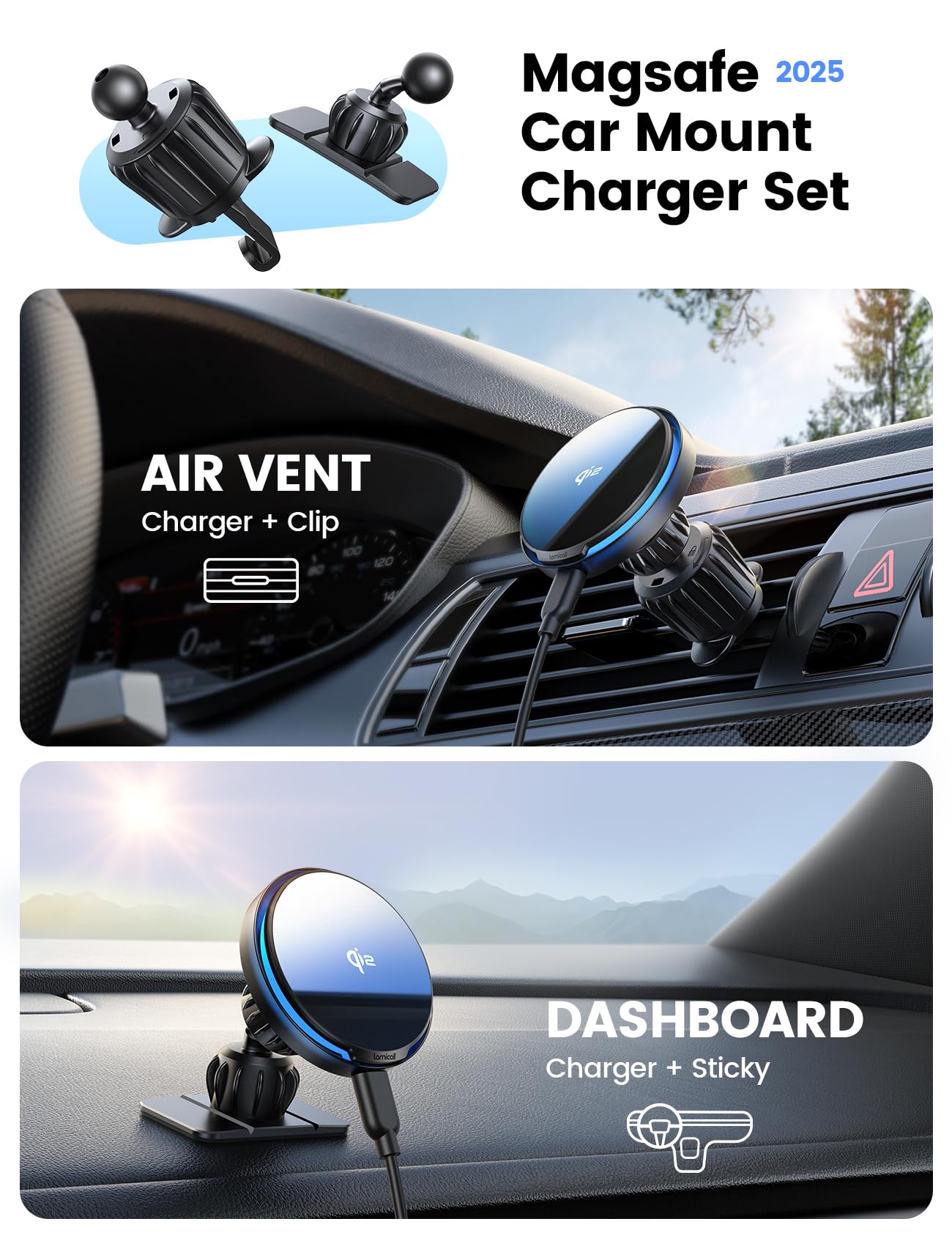 Lamicall for Magsafe Car Mount Charger - [Qi2 15W Fast Charging] 360° Adjustable Car Phone Holder, Vent Dashboard Magnetic Wireless Car Charger for iPhone 17/16/15/14/13/12 Samsung S25/24, Mom Gift