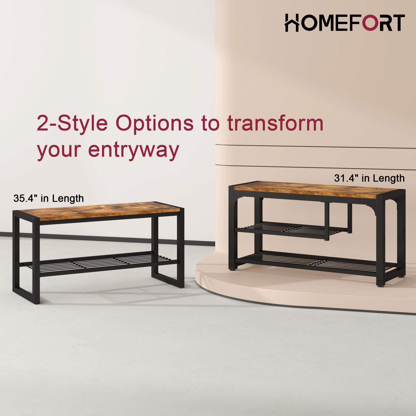 HOMEFORT Shoe Bench,31.5 Inches Shoe Storage Bench for Entryway,3 Tiers Shoe Rack Bench for Front Door Entrance, Industrial Entry Bench with Mesh Shelves and Boot Storage, Rustic Brown