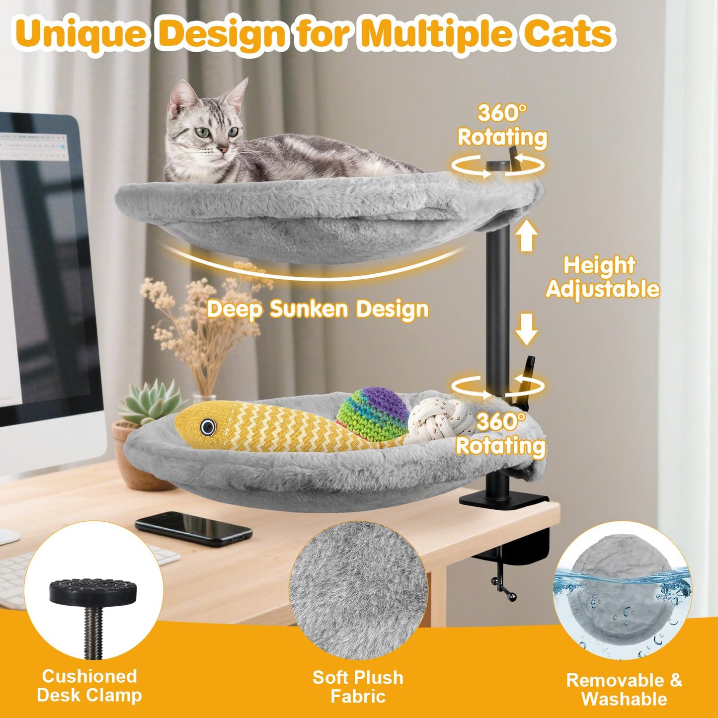 Double Cat Desk Bed - 2 Large Layers Cat Perch with 360° Rotating & Adjustable Height, Kitten Nest for Desktop with 2 Washable Soft Covers, Kitten Hammock Bed Mount for Home Office Grey