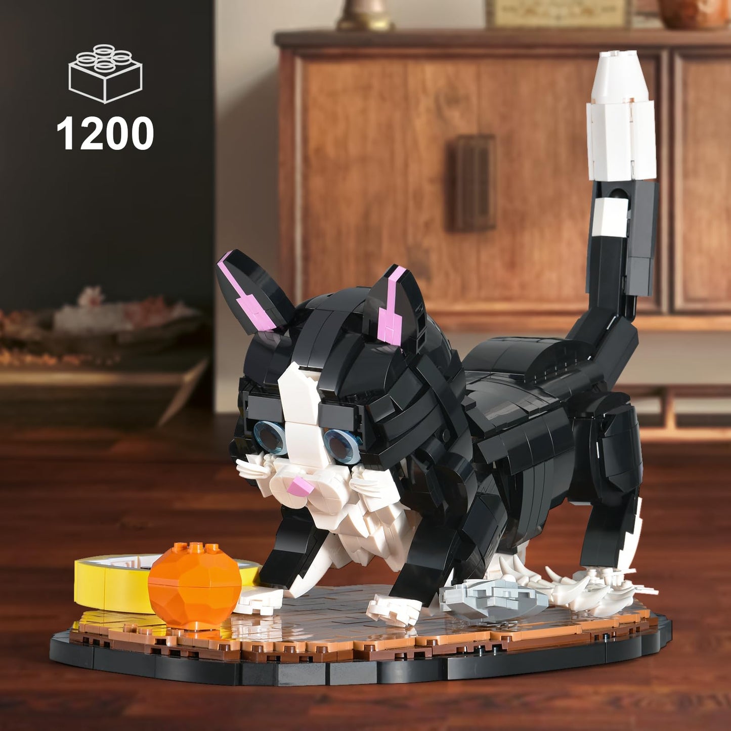 Tuxedo Cat Building Block Set for Adults, Cow Cat Model Building Kit with Display Base, Creative Animals Toy for Home or Office Decor, Gifts for Cats Lovers, Boys and Girls 12+, 1200 PCS