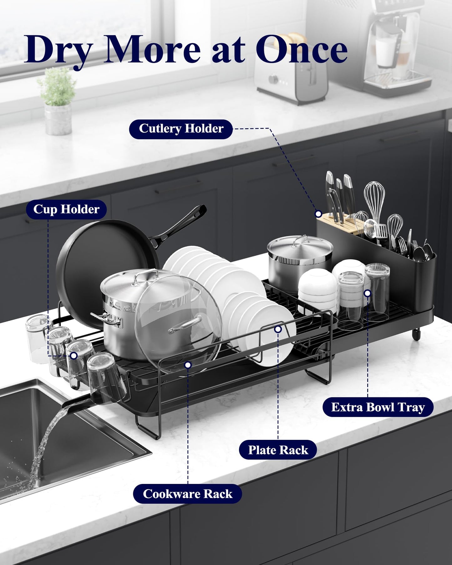 Kitsure Large Dish Drying Rack - Extendable Stainless Steel, Anti-Rust Kitchen Counter Rack with Cutlery & Cup Holders, 67.8 x 32.8 x 15.0cm, Black