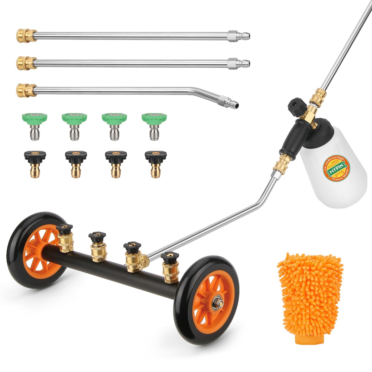 2-in-1 Undercarriage Pressure Washer Water Broom with Replaceable Nozzle, 16 Inch Car Pressure Washer with Foam Cannon/Mitten, Surface Cleaner 1200-4000 PSI (with Bottle& Replaceable Nozzle)