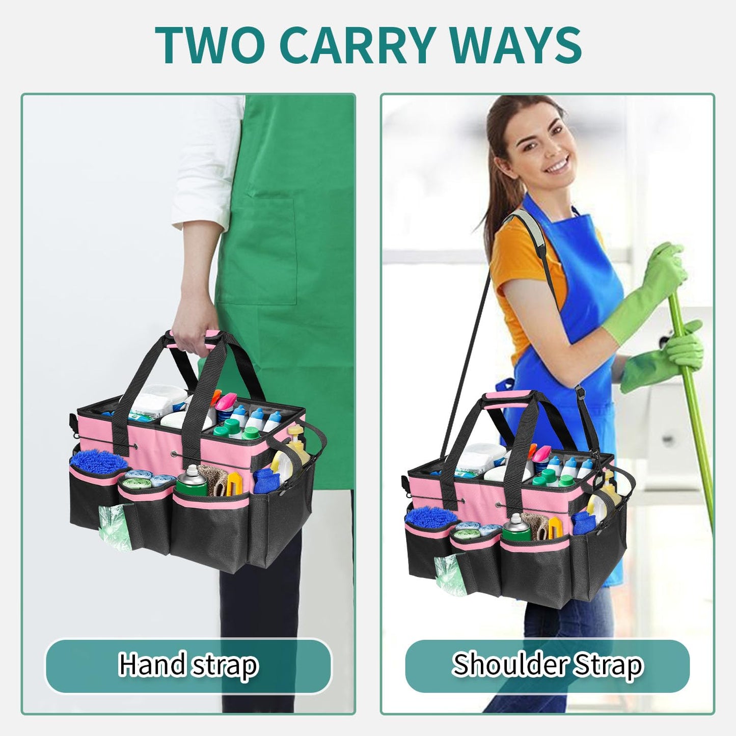 BOHEMIABY Cleaning Bags for Housekeepers, Large Cleaning Supplies Organizer with Handles & Shoulder Strap, Cleaning Caddy Bag with Foldable Divider for Cleaners, Car Horse Clean Bag (Pink)