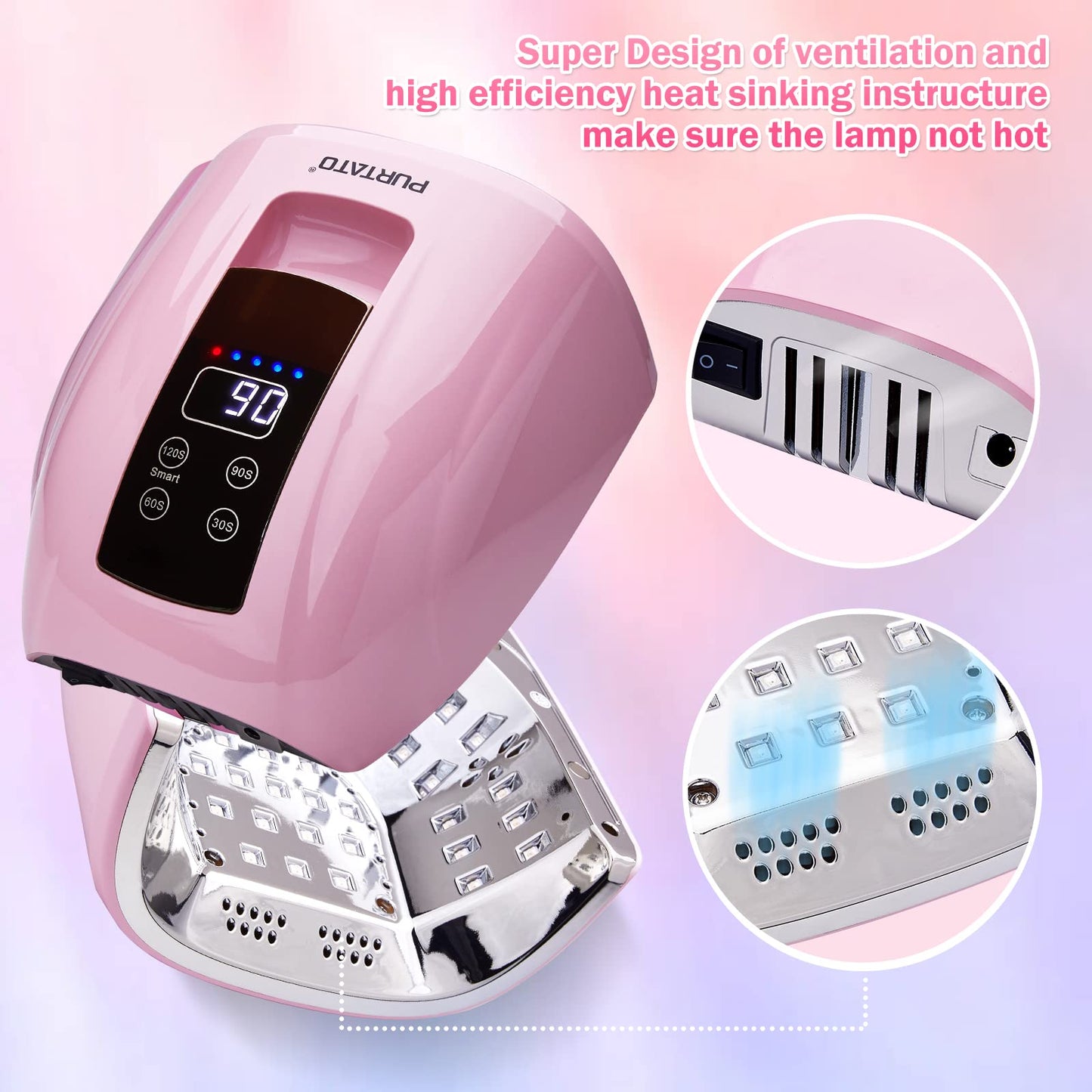 Purtato Professional Salon Rechargeable 90W UV LED Cordless Nail Lamp,45 lamp Beads Long Battery Life,Removable Stainless Steel Bottom, No Black Hands Nail Dryer (Pink)