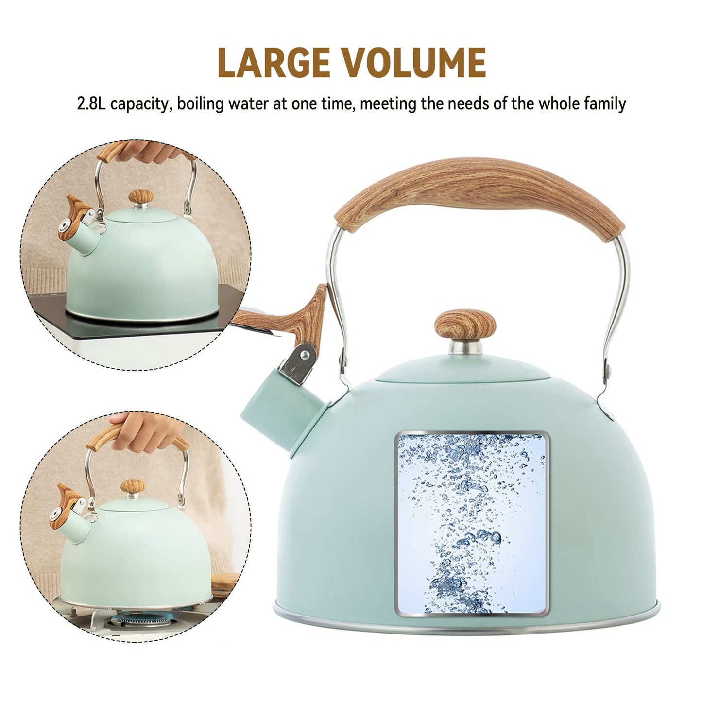 LYTDMSKY Tea Kettle, Stove Top Kettle Green, Whistle Kettle for Stovetop, 2.5L Food Grade Stainless Steel Tea Pot Stovetop for Tea Coffee Milk, Folding Wood Handle Farmhouse Whistling Kettle
