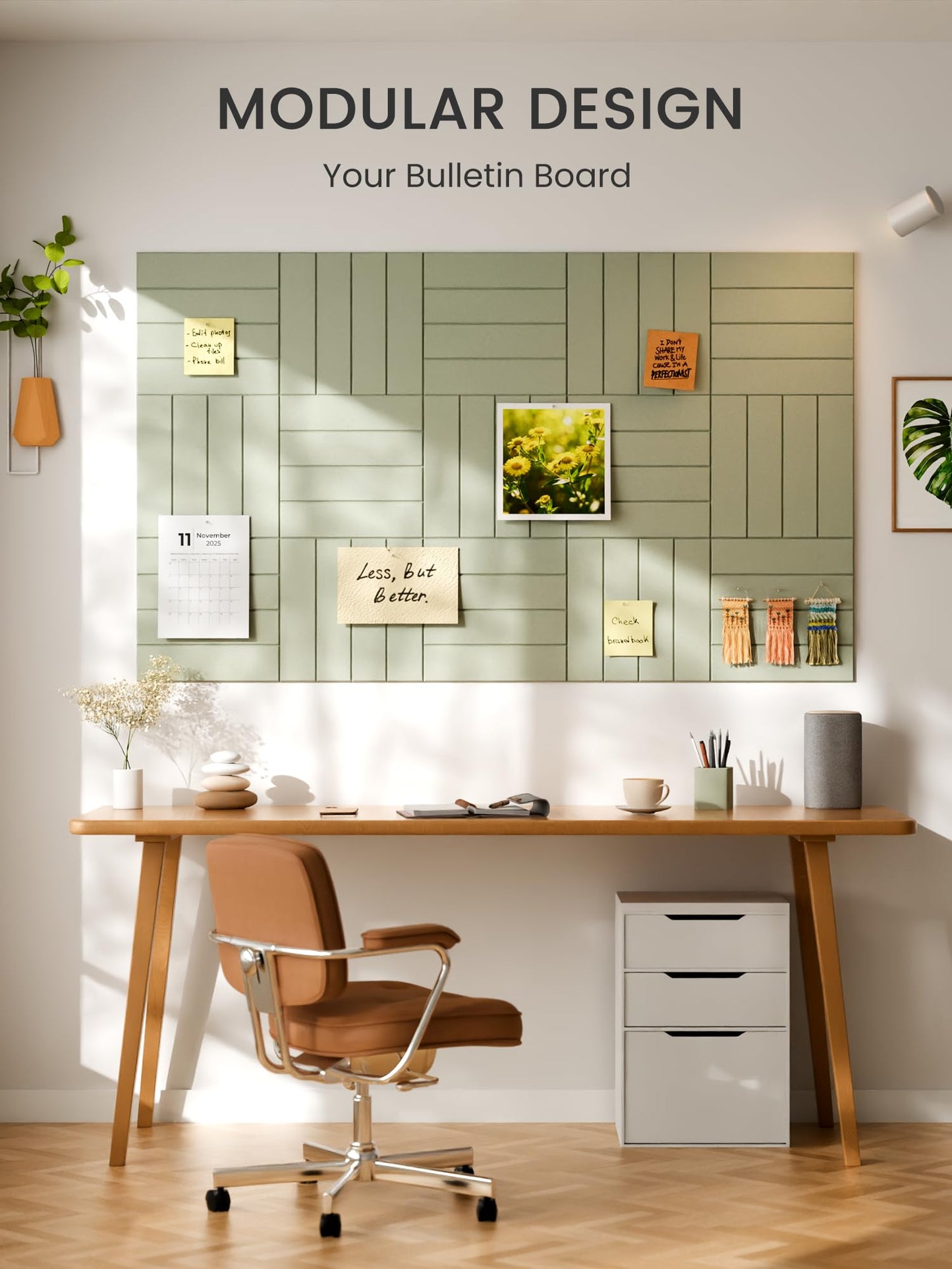 Bumusty Large Felt Bulletin Board, Cork Board Alternative, 6-Pack Bold Stripe Felt Wall Tiles with 30 Push Pins and 40 Adhesive Tabs, Ideal for Office, Home & Classroom, Sage