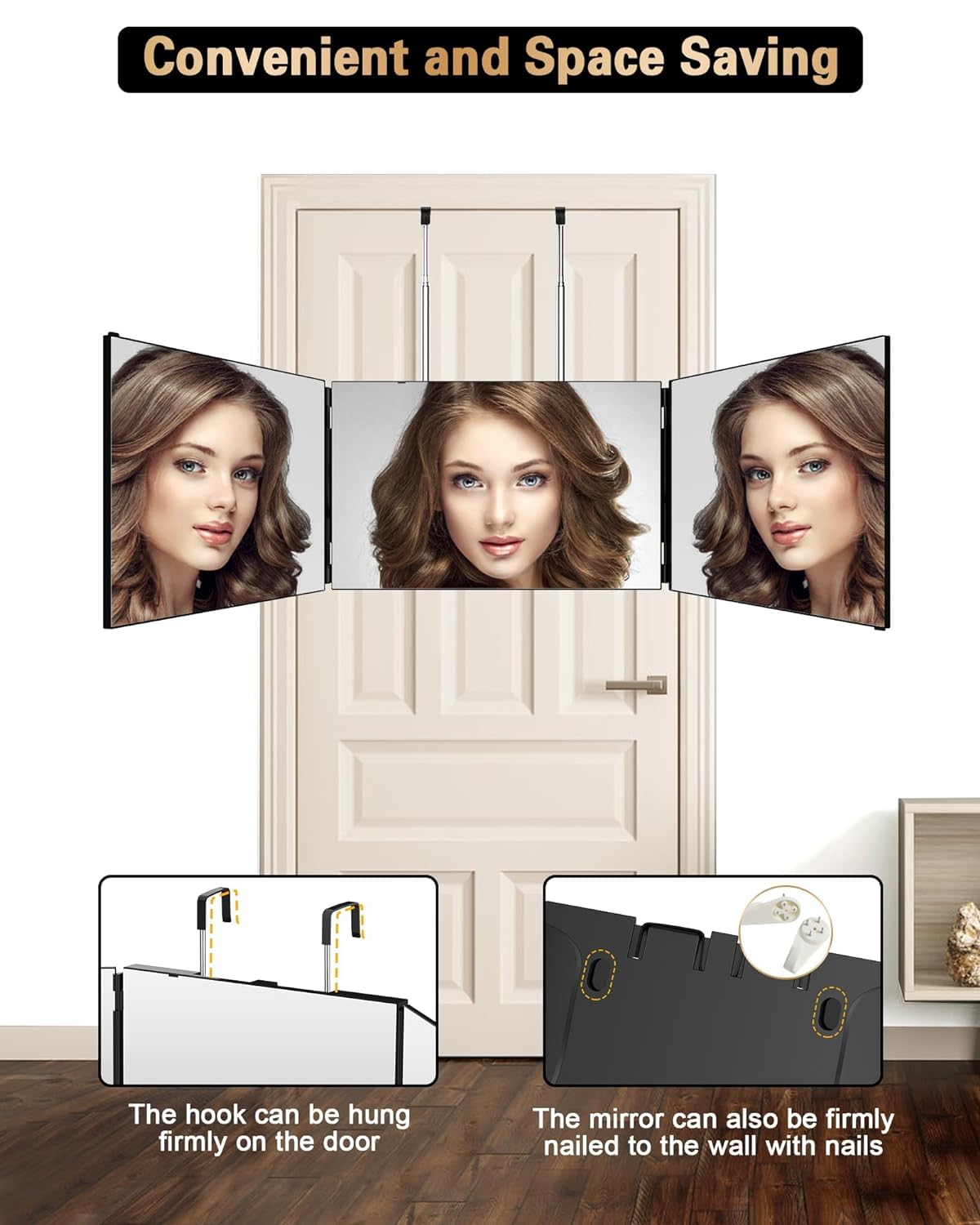 3 Way Mirror for Self Hair Cutting, 360 Trifold Self Haircut Mirror 3 Sided Makeup Mirror to See Back of Head with Height Adjustable Hooks, for Hair Cutting, Makeup, Shaving, Braiding, Styling