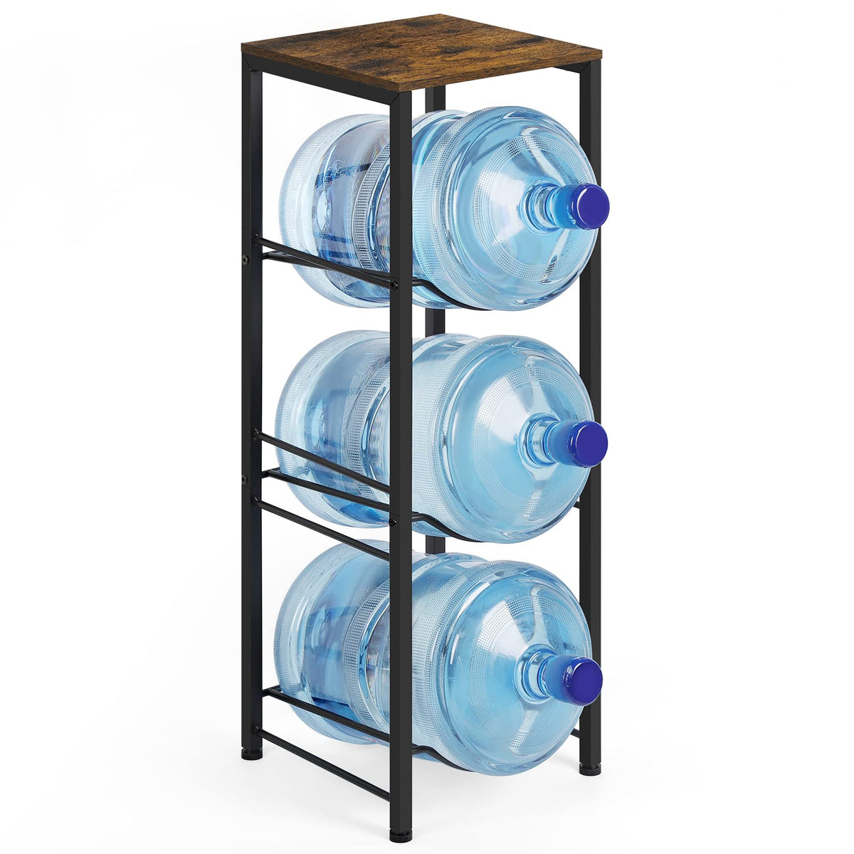 Water Jug Holder Rack 3-Tier Water Storage Organizer with Shelves for 5 Gallon Water Bottle Dispenser Stand for Office Kitchen Living Room Office, Rustic Brown