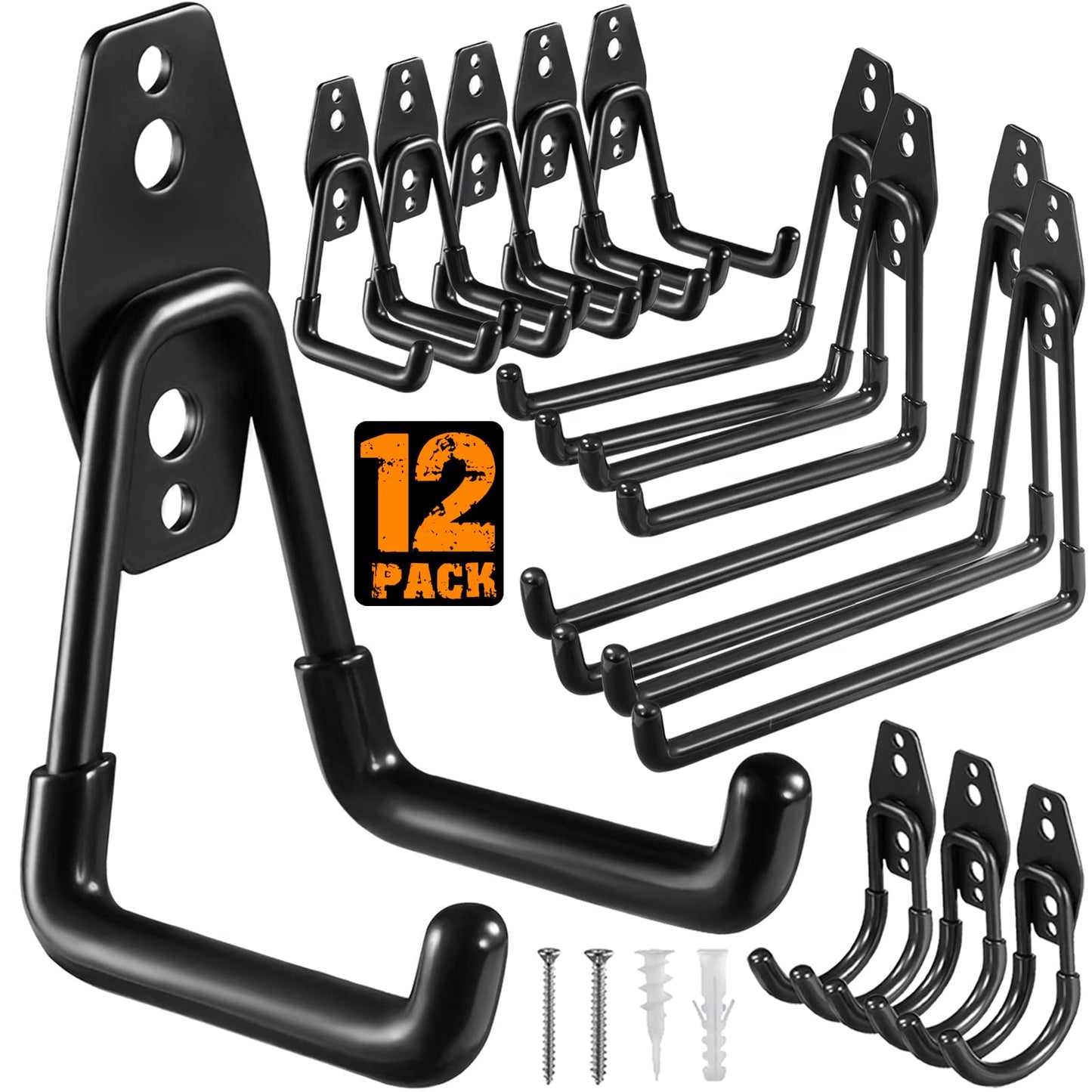 Garage Hooks Heavy Duty Utility Steel with Anti-Slip Coating Wall Mount Storage Organizer for Hanging Power and Garden Tools, Ladders, Hose, Bikes, Ropes, Bulk Items, and More (12 Pack Orange)