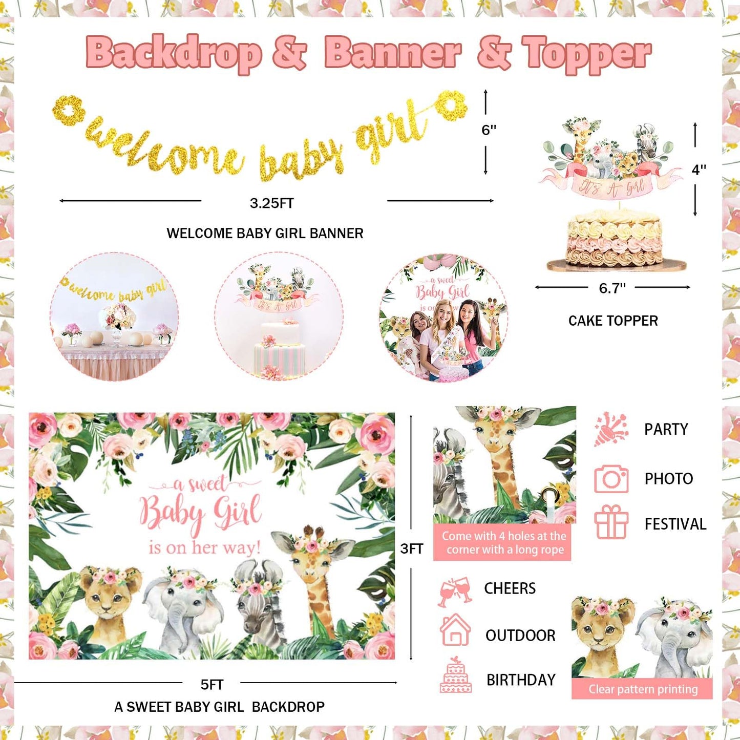 149 PCs Safari Baby Shower Decorations for Girl, Fiesec Jungle Themed Décor Backdrop Balloon Garland Arch Artificial Leaves Box Cutout Glitter Banner Cake Topper Sash Lion Cheetah Giraffe Pink