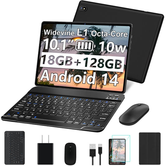 2025 Android Tablet 10.1 Inch Android 14 Tablets with 128GB ROM+18GB RAM (4+14 Virtual), 1TB Expand 2 in 1 10.1 Tablet with Keyboard, Powerful Octa-Core, WiFi 6, Black