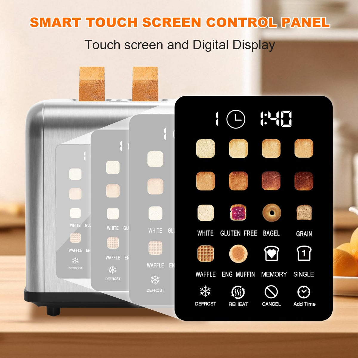 Touch Screen Toaster 2 Slice, Stainless Steel Toasters Digital Timer, Dual Control Panel Toasters, 8 Shade Settings 6 Bread Types for Bagel, Cancel, Defrost