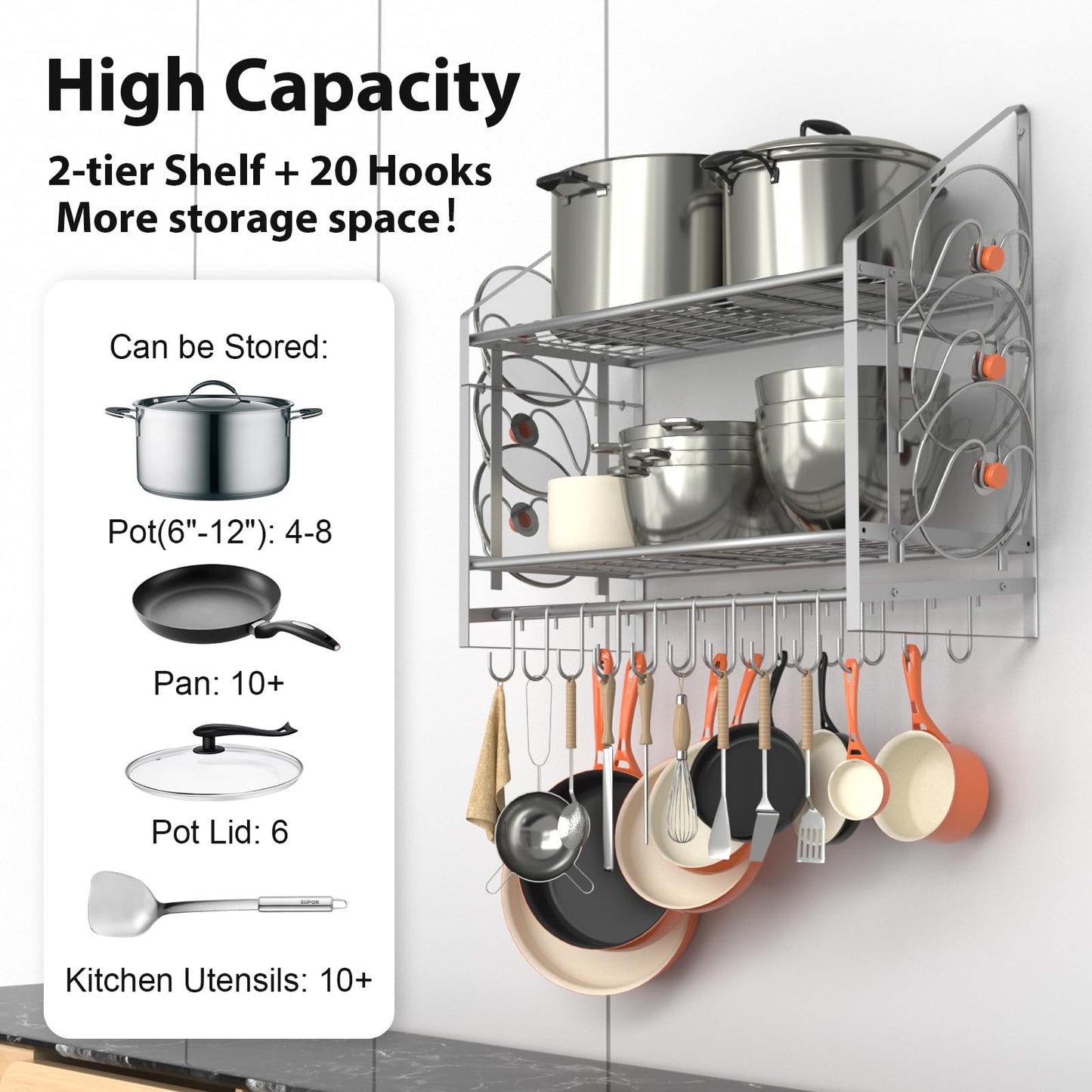 VyGrow 28 Inch Pot Rack Wall Mounted, 2 Tier Pots and Pans Organizer with 20 Hooks and 6 Pot Lid Holders, Heavy Duty Steel Pot and Pan Hanger for Kitchen Cookware Utensils Storage, Silver