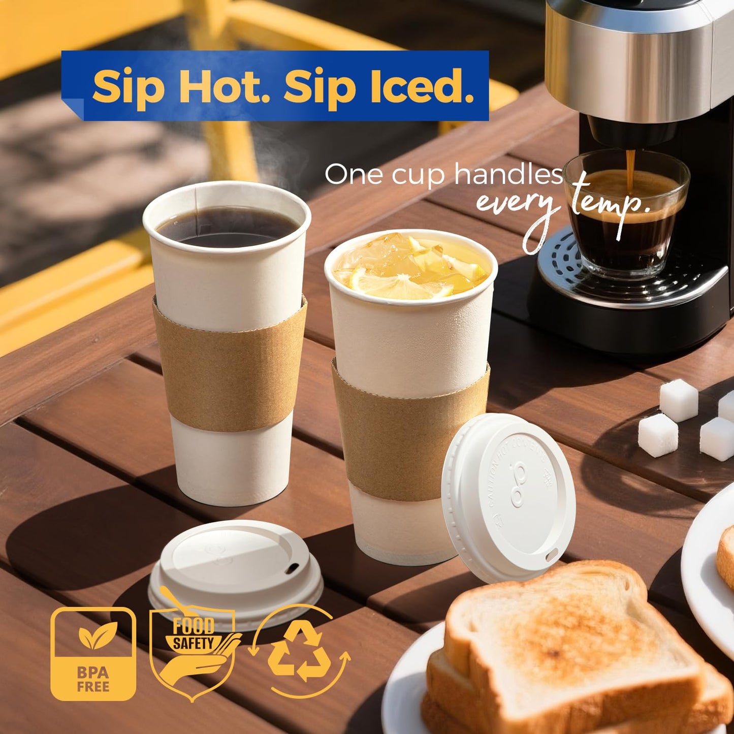 Fit Meal Prep 100 Pack 24 oz Disposable Coffee Cups with Lids, Sleeves, Leak-Proof To Go Coffee Cups, Durable Paper for Home, Office, Party, Business