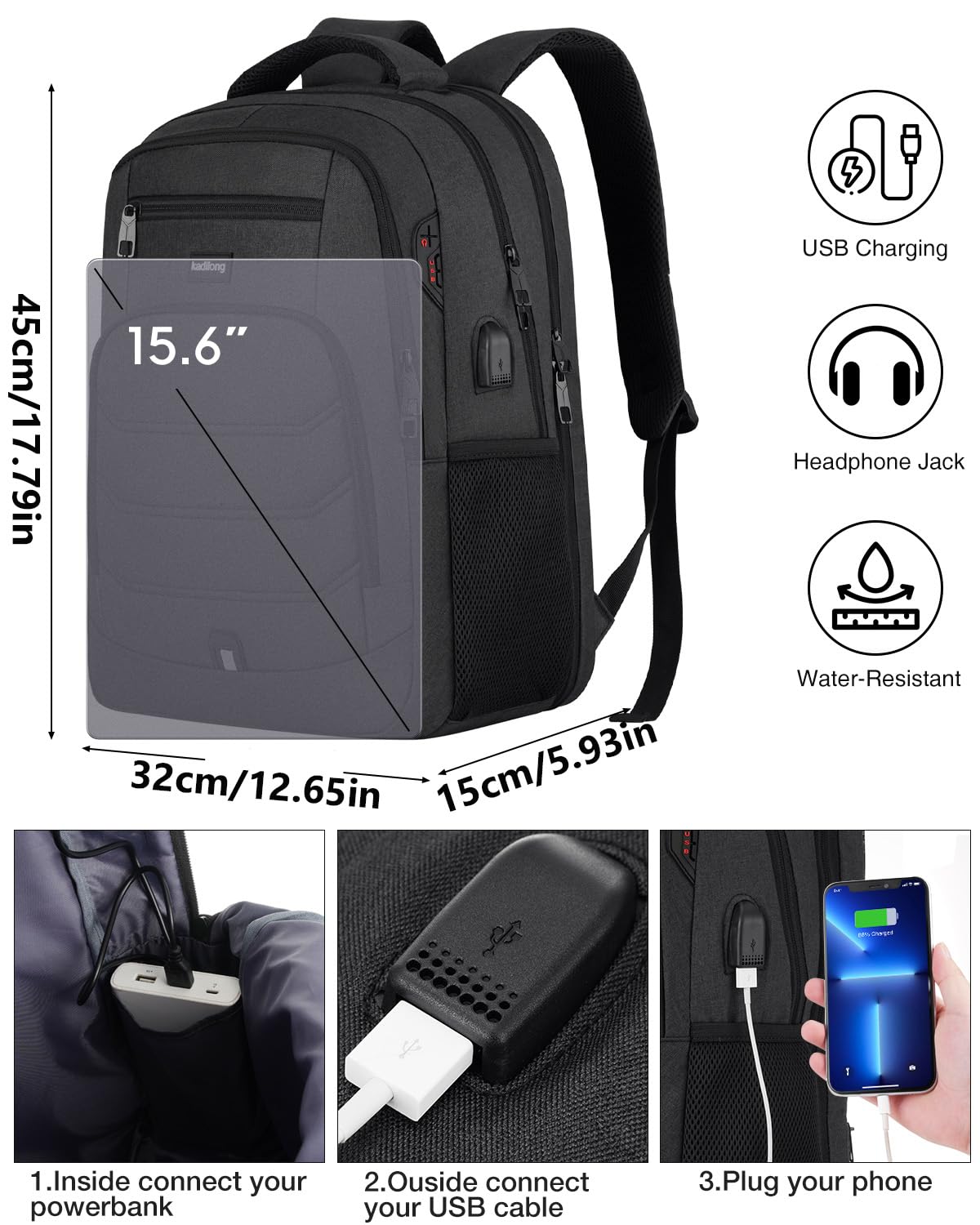 Laptop Backpack Men School Backpacks for Teen Boys Business Travel Anti Theft Book Bag with USB Charging Port,Water Resistant College Computer Bag Fits 15.6 Inch Notebook for Teenage,Black