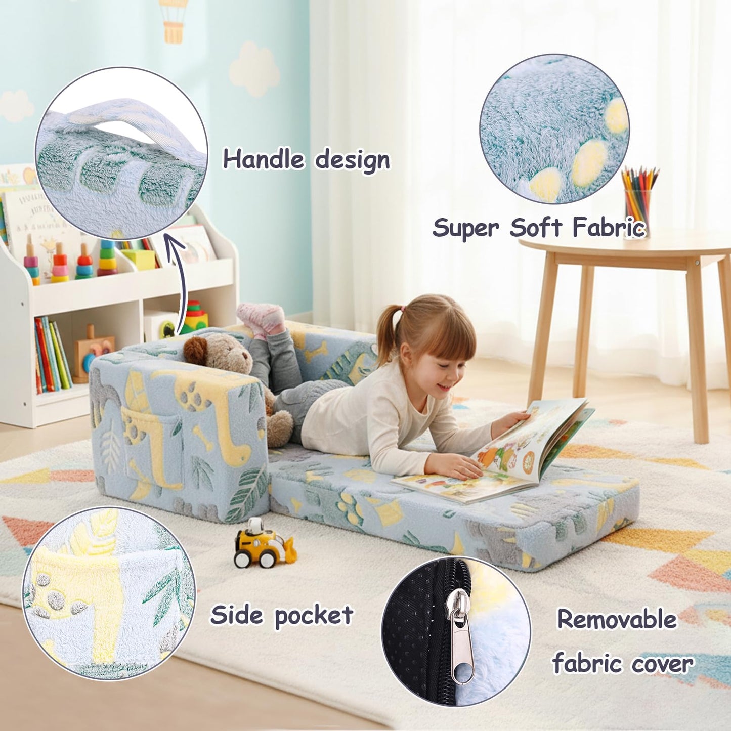 Tiita 2-in-1 Convertible Kids Couch to Lounger, Flip Out Toddler Armrest Bed, Folding Play Sofa for Girl or Boy, Grey Dinosaur
