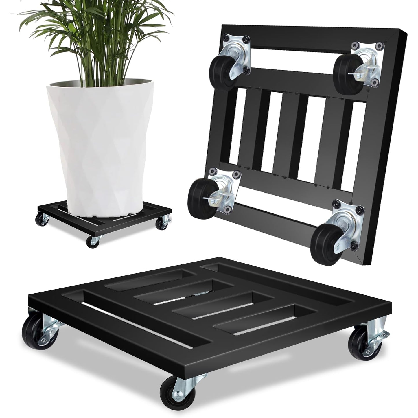 Plant Stand with Wheels, 2 Pack Metal Rolling Plant Caddy Holds up 400 Lbs with Lockable Caster, 11.75'' Square Heavy Duty Plant Stand for Indoor Outdoor