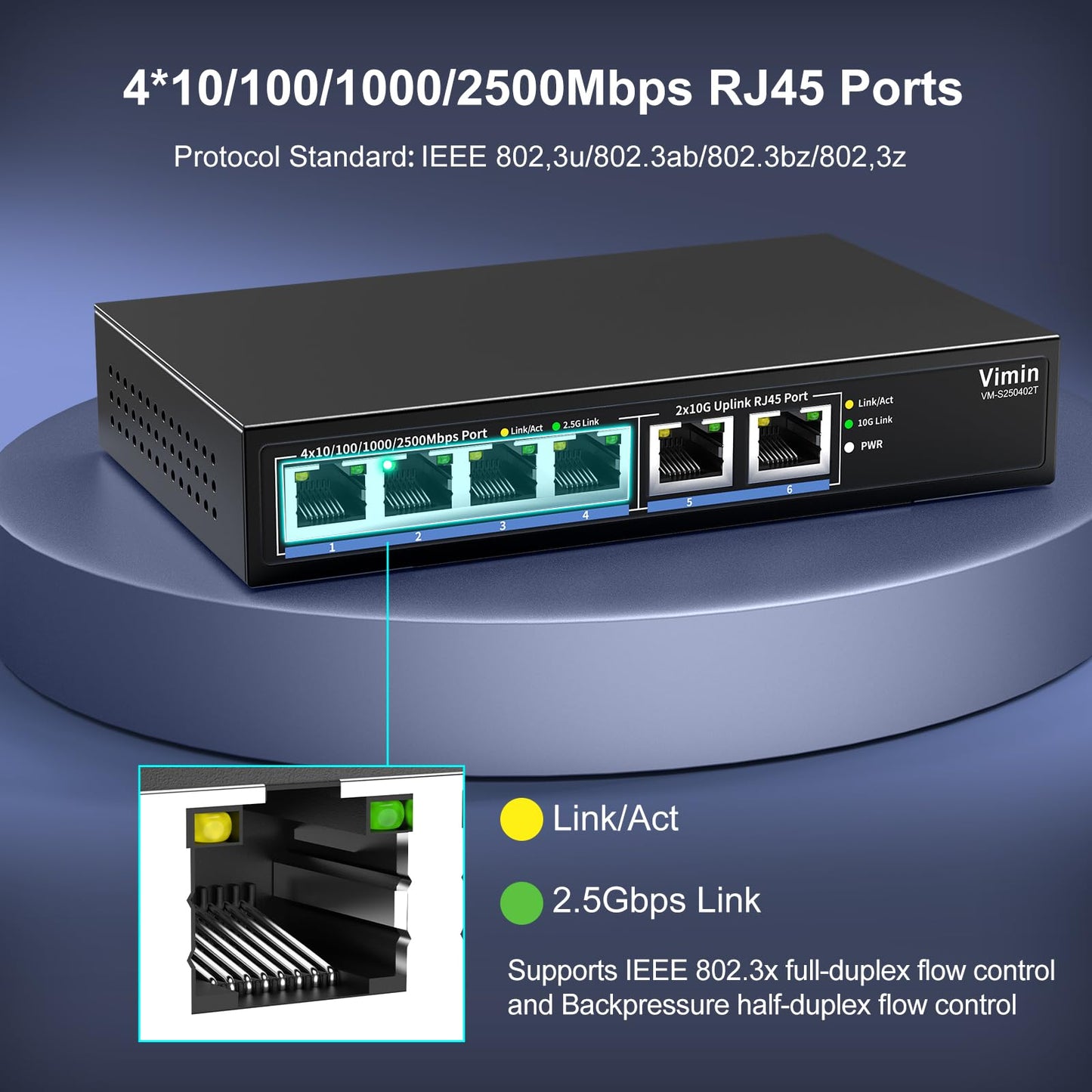 6-Port 10G/2.5G Ethernet Switch with Dual 10GBASE-T, Vimin 4X 2.5G +2 x 10Gb RJ45 Ports Unmanaged Switch, 60Gbps Capacity, 10G Switch Desktop/Wall Mount Network Switch for NAS, PC, Wireless AP