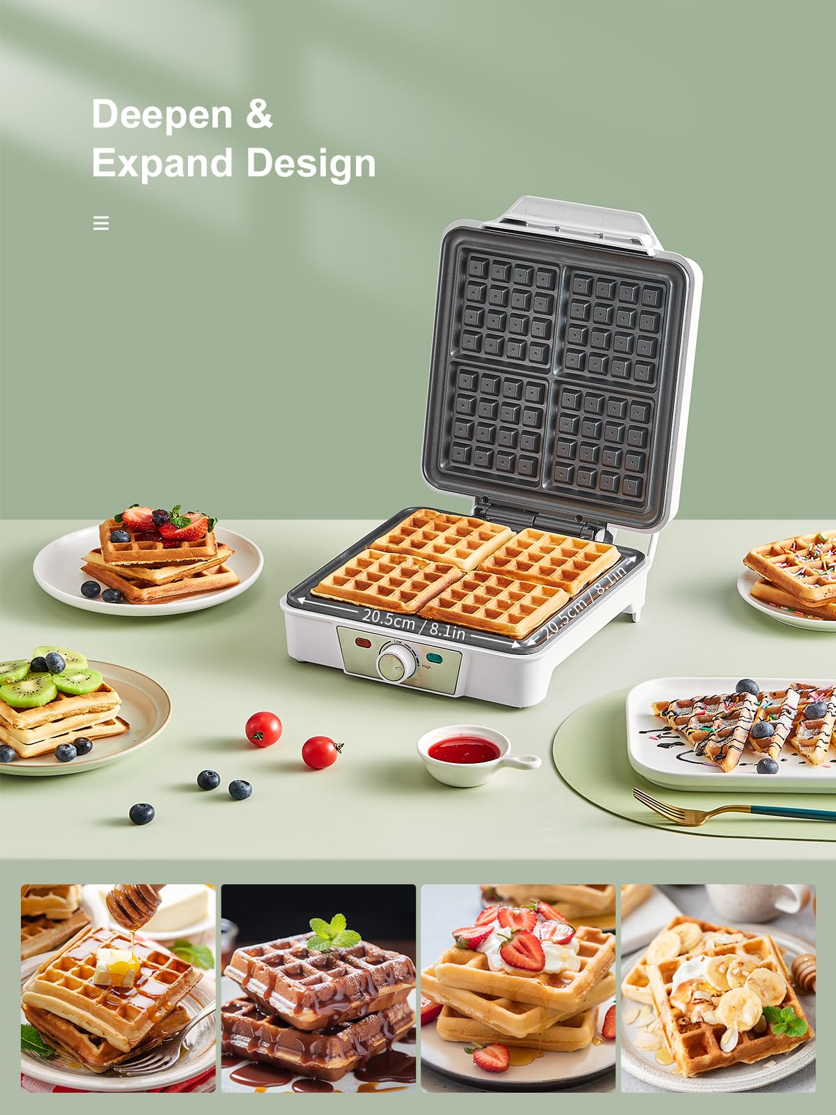 Belgian Waffle Maker 4 Slices, 1200W Waffle Iron, Anti-Overflow Waffle Iron with Adjustable Knob, Nonstick Plates, Indicator Lights, White