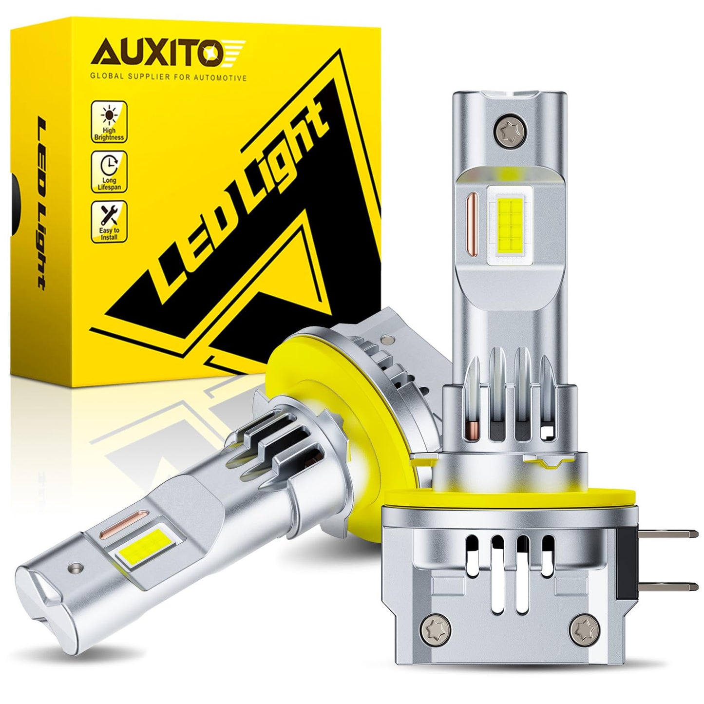 AUXITO H11B LED Headlight Bulbs, 600% Brightness 6500K White Mini Size H11B LED Light Bulbs, No Adapter Required Non-Polarity Halogen Replacement for Headlights, Pack of 2