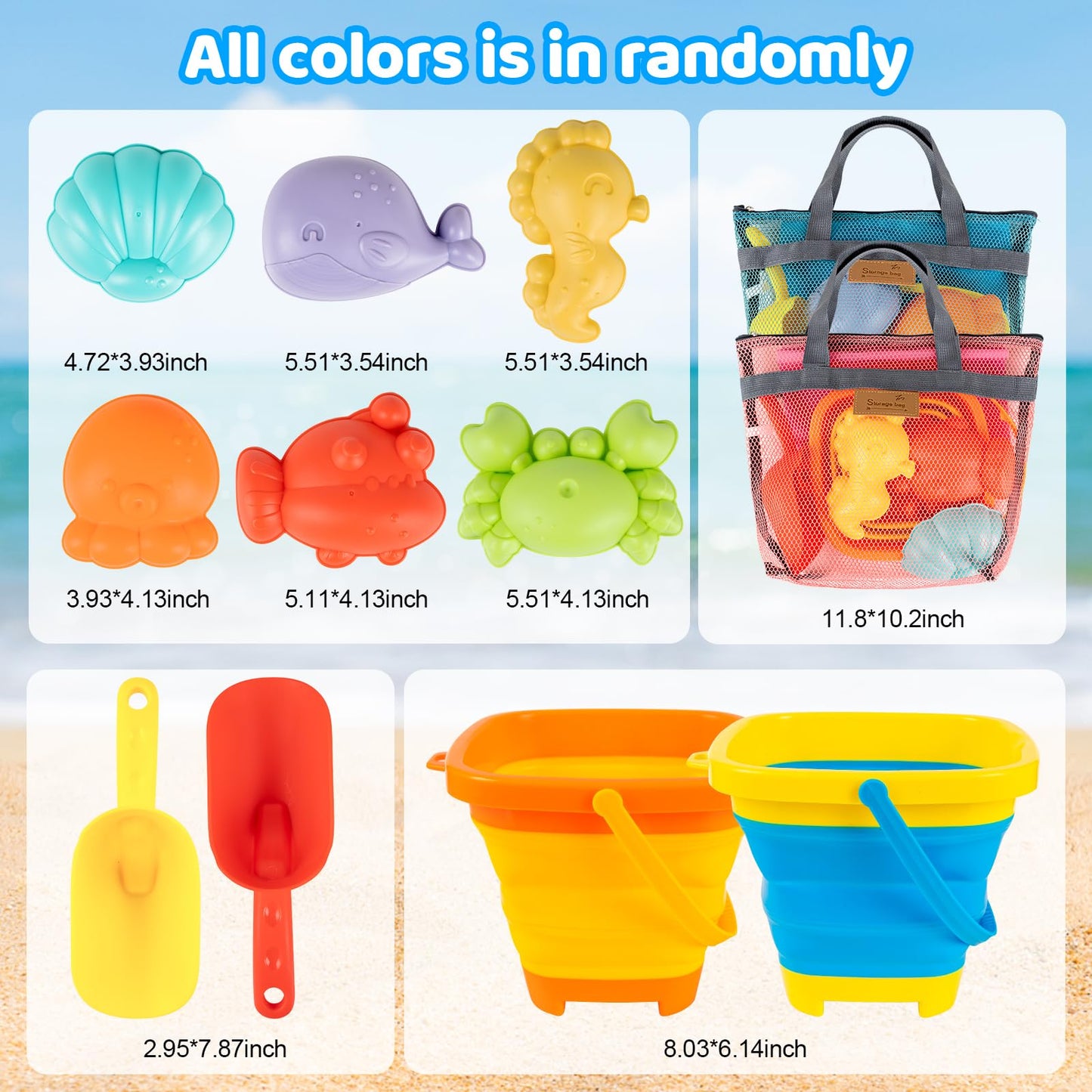 Kids Beach Sand Toys with 2 Collapsible Beach Sand Buckets, Big Size Sand Molds, 2 Mesh Shell Bags, Shovels Set Travel Sandbox Toys for Toddler Ages 3-10