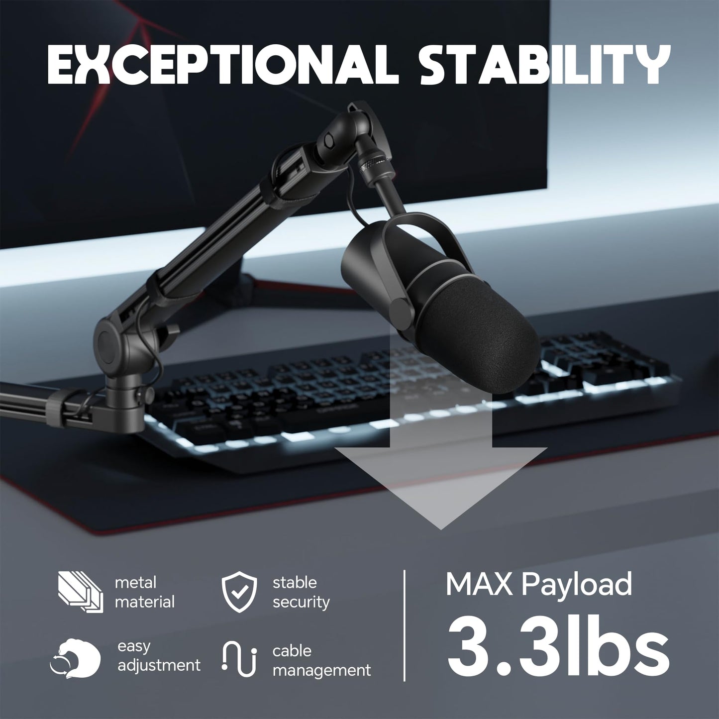 Low Profile Mic Arm, Microphone Boom Arm, Full Aluminum Adjustable Mic Stand with Desk Clamp, 360° Rotatable Heavy Duty Microphone Stand for Streaming, Podcasting, Recording