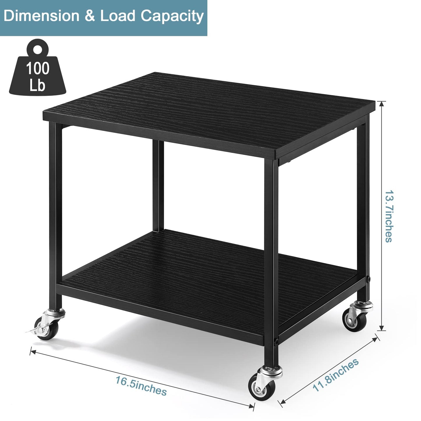BTY Under Desk Printer Stand Small Printer Table with Storage Shelf 2 Tier Rolling Printer Stand Rack with Lockable Wheels for Office Home Scanner Printer (Black)