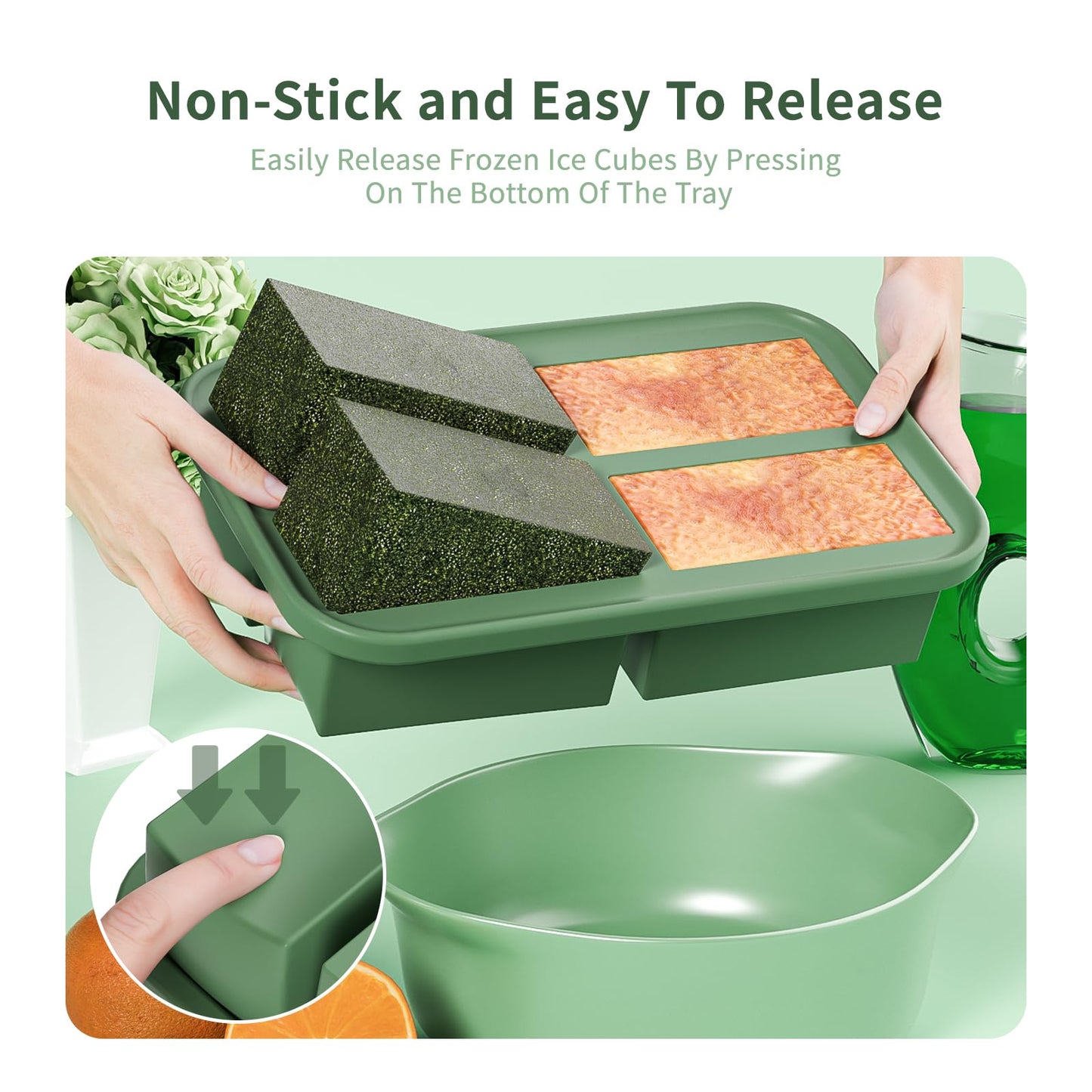 Bongpuda 4 Cup Silicone Freezer Trays with Lid, 2 Pack Silicone Soup Freezer Containers,Make 4 Broths,Sauces and Leftovers（Green）
