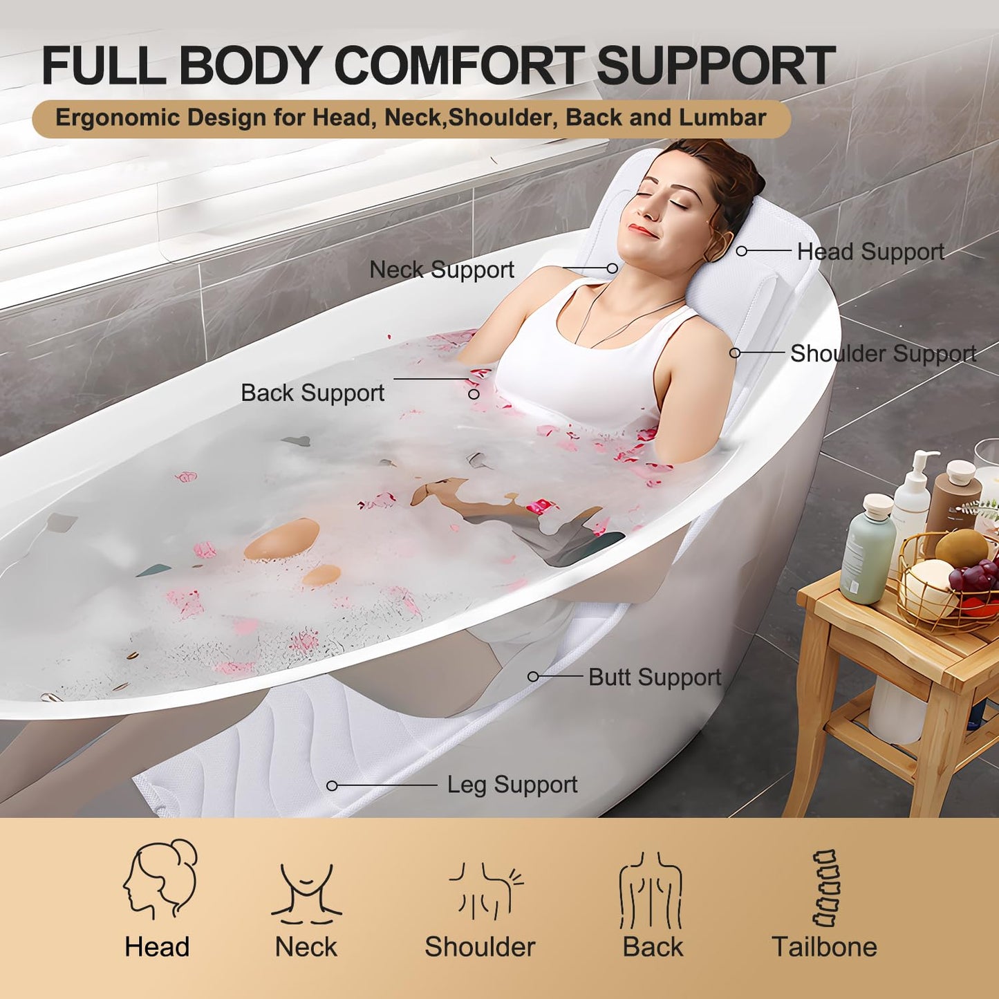Full Body Bath Pillow, Non-Slip Bath Cushion for Tub, Luxury Spa Bathtub Mattress for Head Neck Shoulder and Back Rest Support，Comfortable Hot Tub Accessories – 50"x 15" (White-Full Body Bath Pillow)