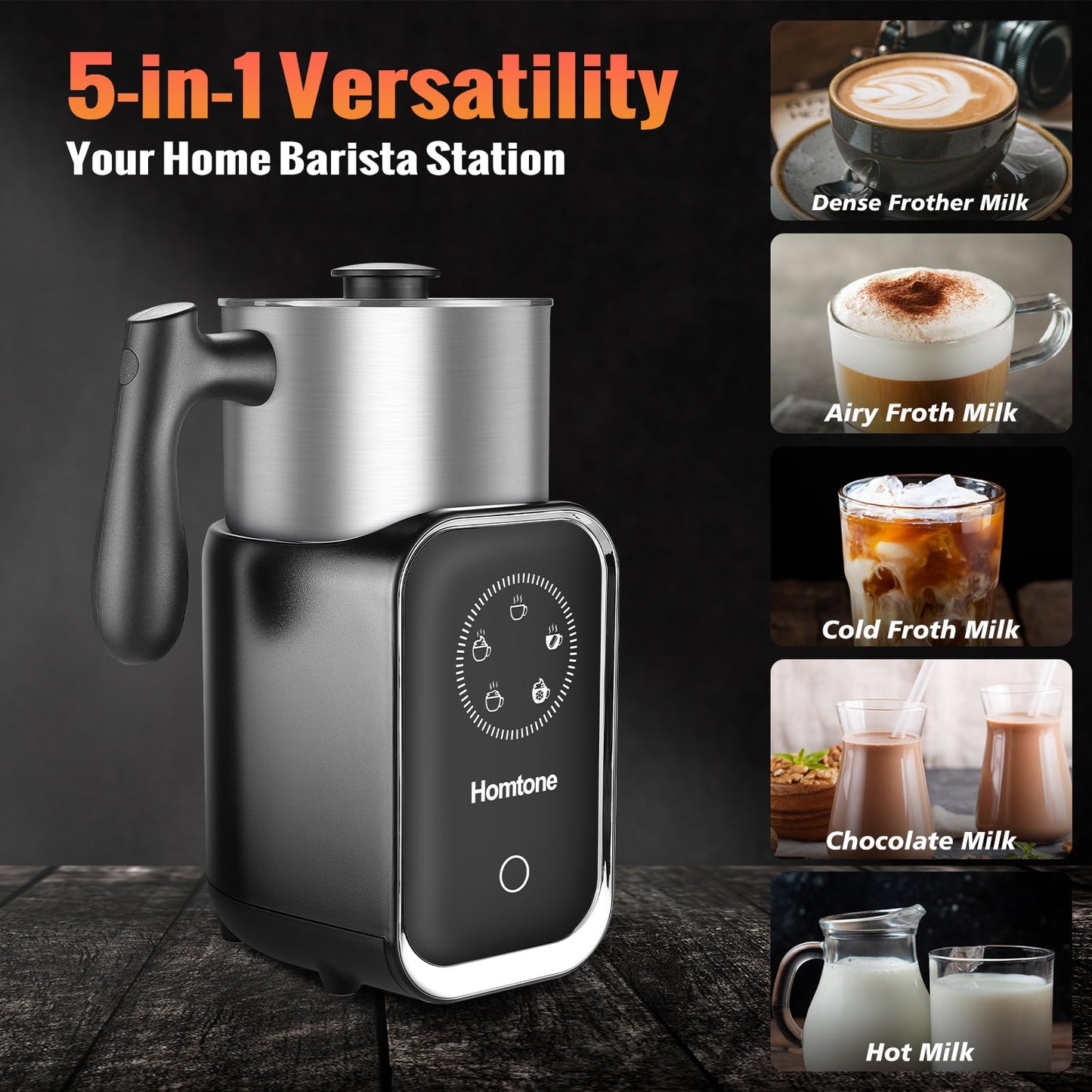 Homtone 5-in-1 Electric Milk Frother and Steamer, 21 oz Induction Milk Frother, Removable Stainless Steel Automatic Milk Steamer for Latte, Hot Chocolate Milk, Hot & Cold Foam, Large