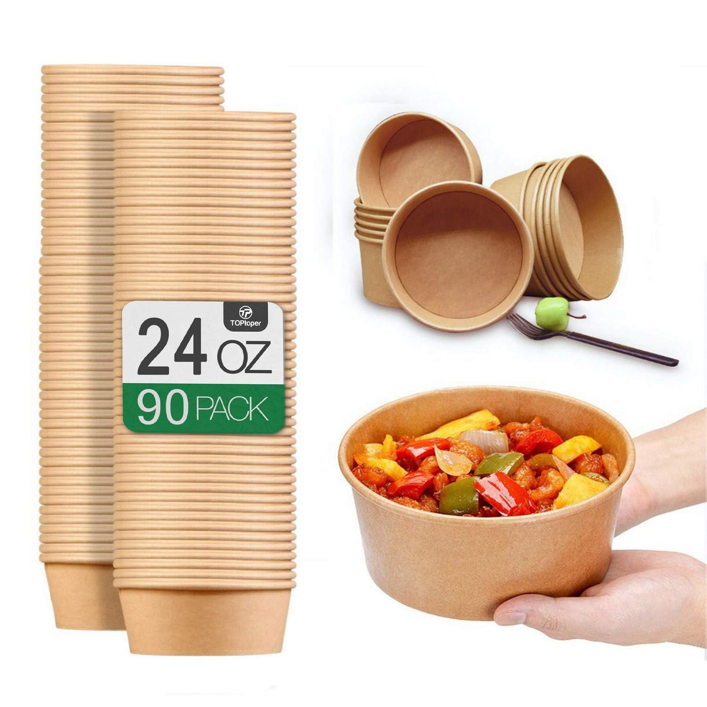 TOPtoper 24 Oz Large Paper Bowls【No lids】 90 Pack Disposable Soup Bowls Plastic Free Party Supplies for Hot/Cold Food, Soup (24 OZ)