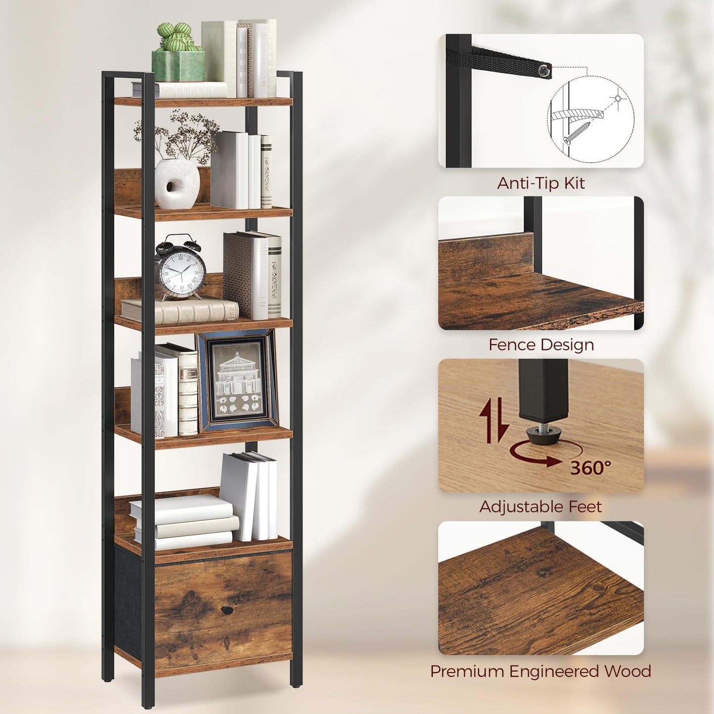 MAHANCRIS Bookshelf, 6 Tier Tall Narrow Bookcase with Drawer, Industrial Shelf Storage Organizer, Display Shelving Unit for Living Room, Home Office, Study, Rustic Brown and Black BKHR66101