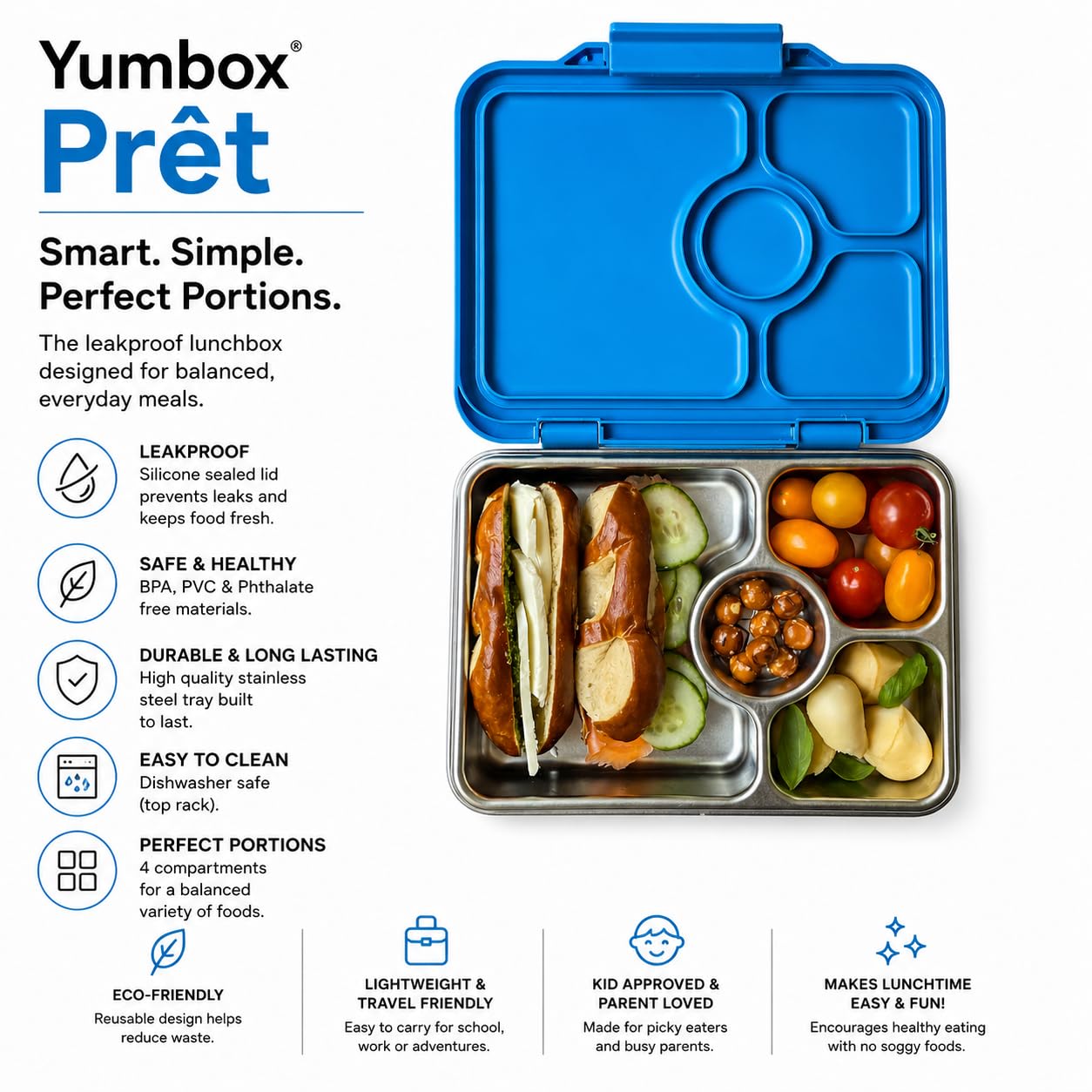 Yumbox Prêt Stainless Steel Bento Box – Leakproof, Reusable Lunch Container for Kids & Adults – Sandwich & Snack Friendly, BPA-Free, Durable Food Box (Normandy Blue)