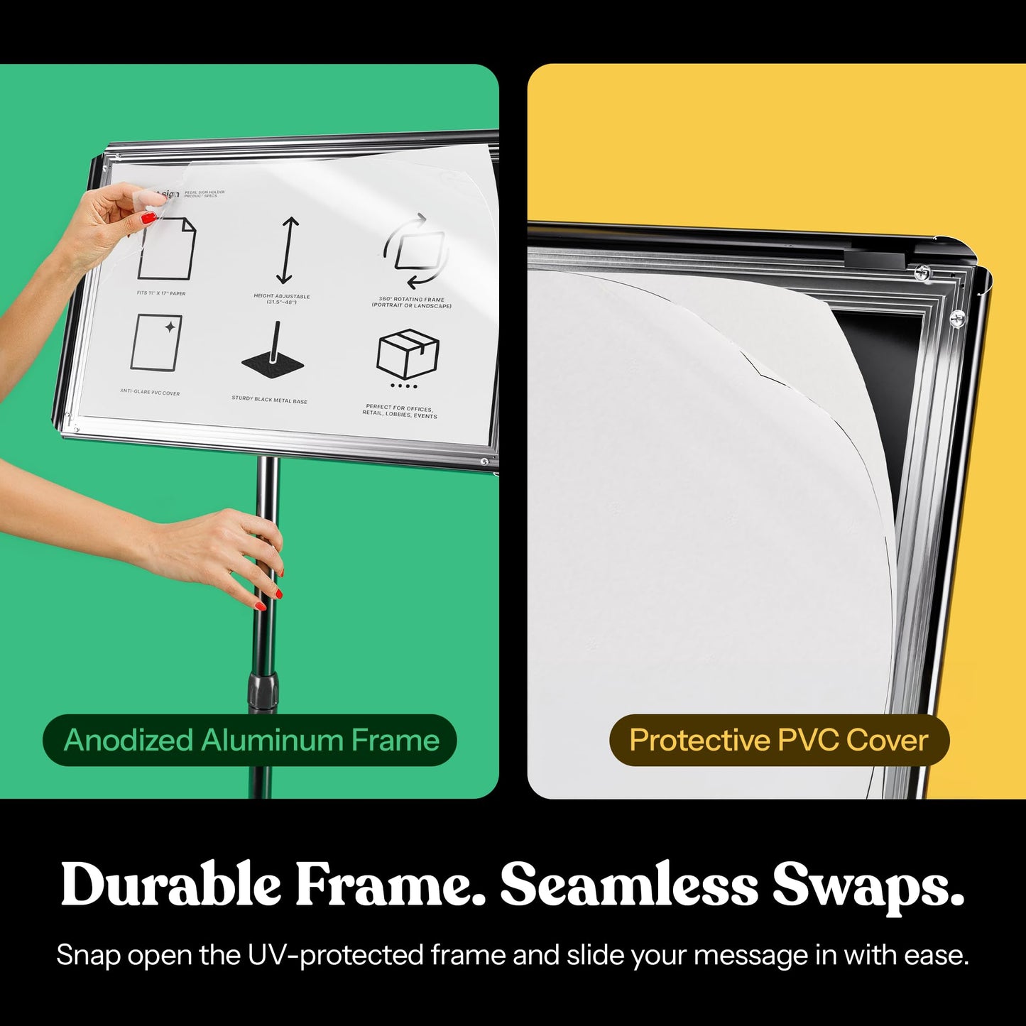 T-SIGN Adjustable Heavy Duty Pedestal Poster Stand, Square Steel Base, 11 x 17 Inch Aluminum Snap Open Frame, Vertical and Horizontal Displayed, Black