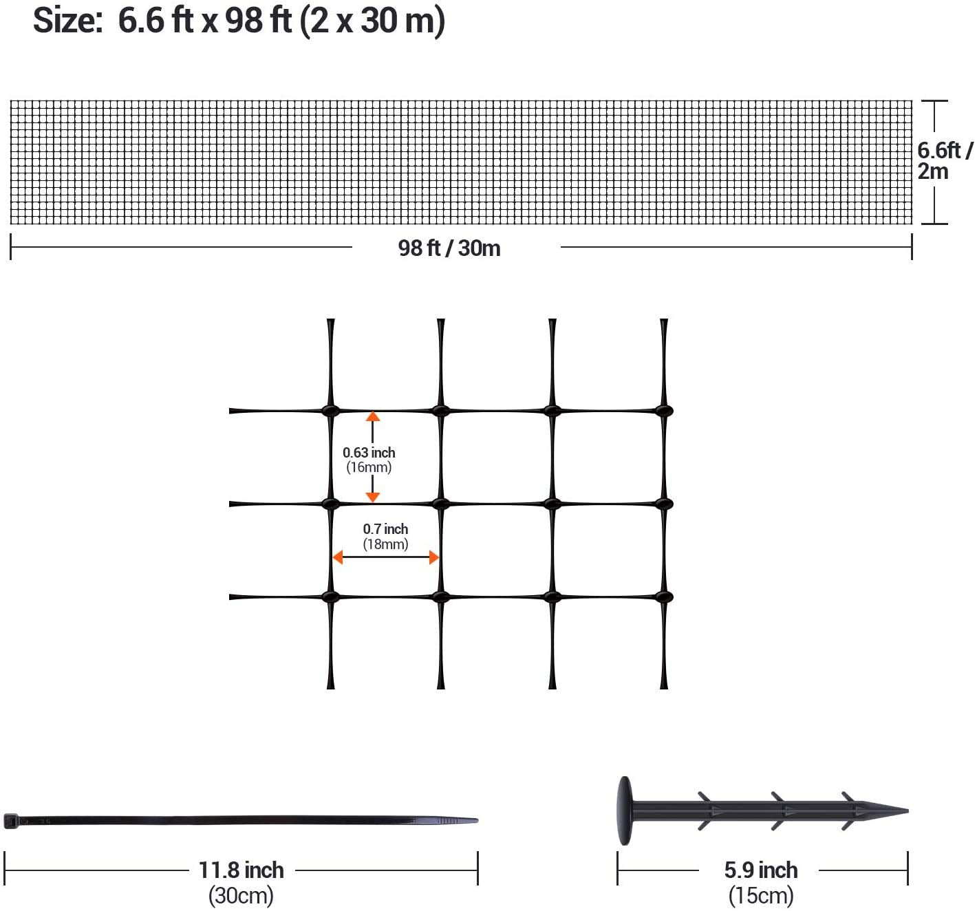 Bird Netting 6.8 x 100 FT - Ohuhu Heavy Duty Reusable Garden Netting with Cable Ties & Ground Nails, PP Material Anti-Bird Deer Fencing for Fruit Trees, Vegetables, Plants, Garden Protection