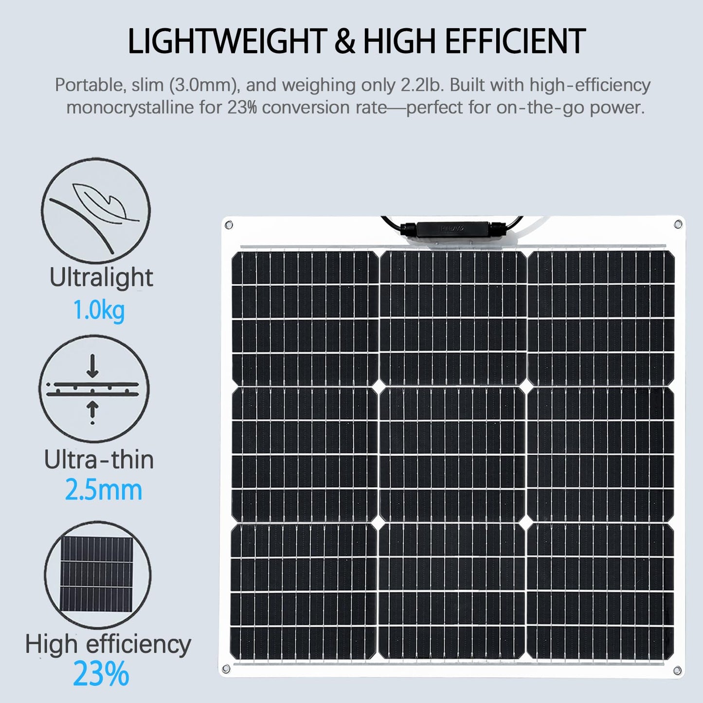 Flexible solar panel 50W 12V Monocrystalline Module Fiberglass Lightweight Charge for RV Trailer Boat Cabin Van Car Uneven Surfaces