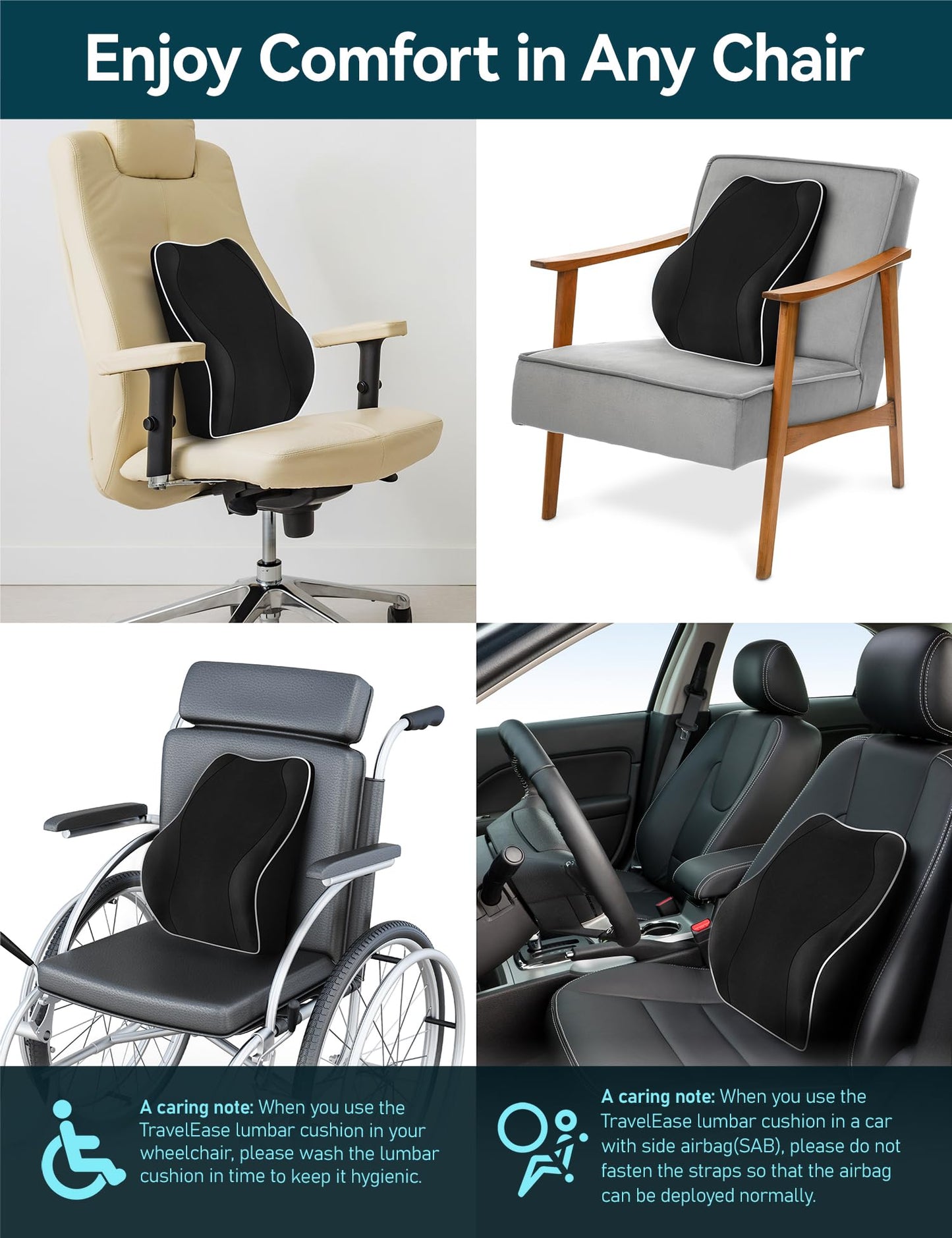 Ergonomic Lumbar Support Cushion, TRAVEL EASE Memory Foam Back Support Cushion for Office Chairs with Skin-Friendly Cover for Comfort Black